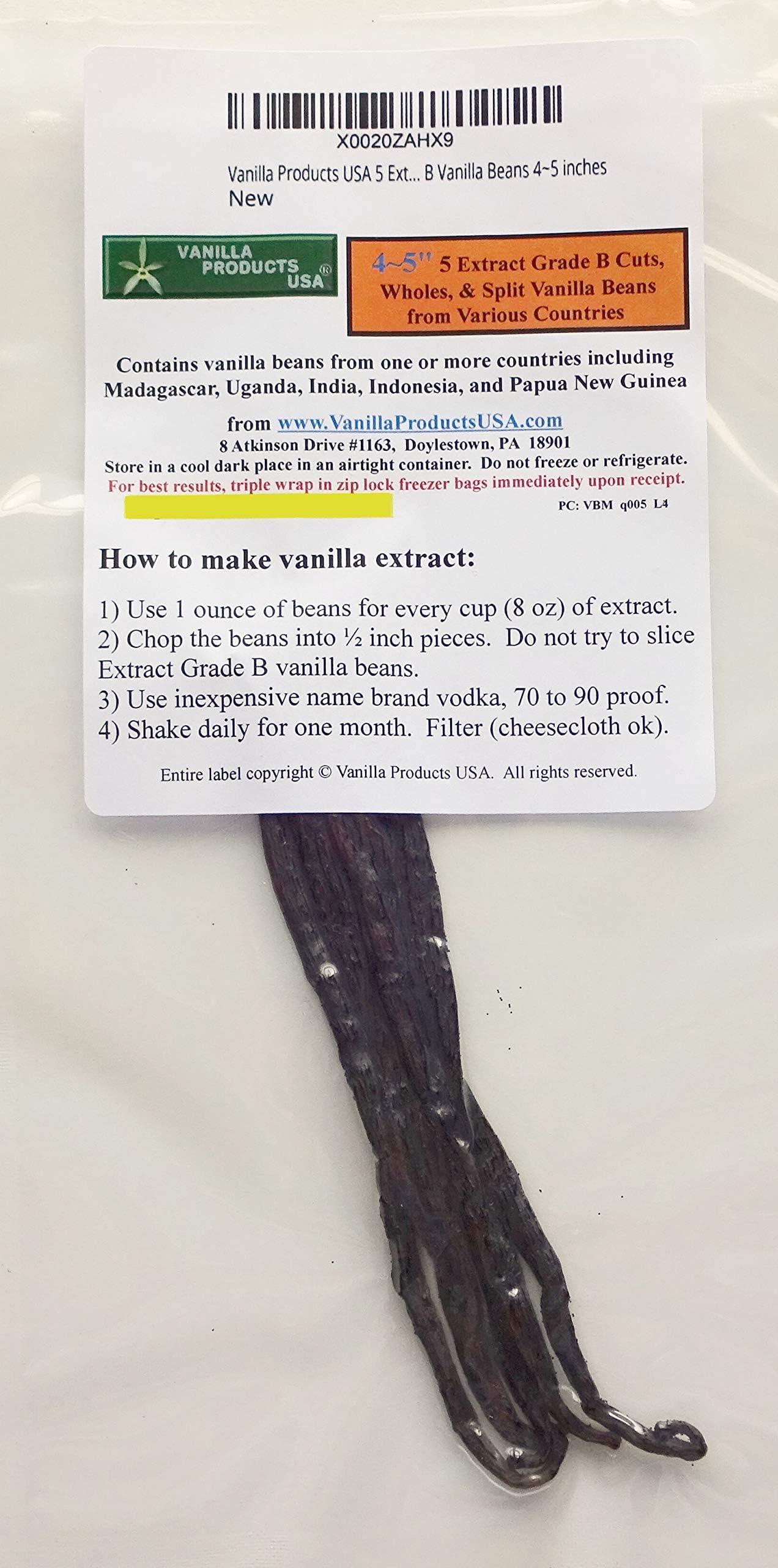 Vanilla Products USA 5 Extract Grade B Vanilla Beans 4~5 inches (12~14 cm)