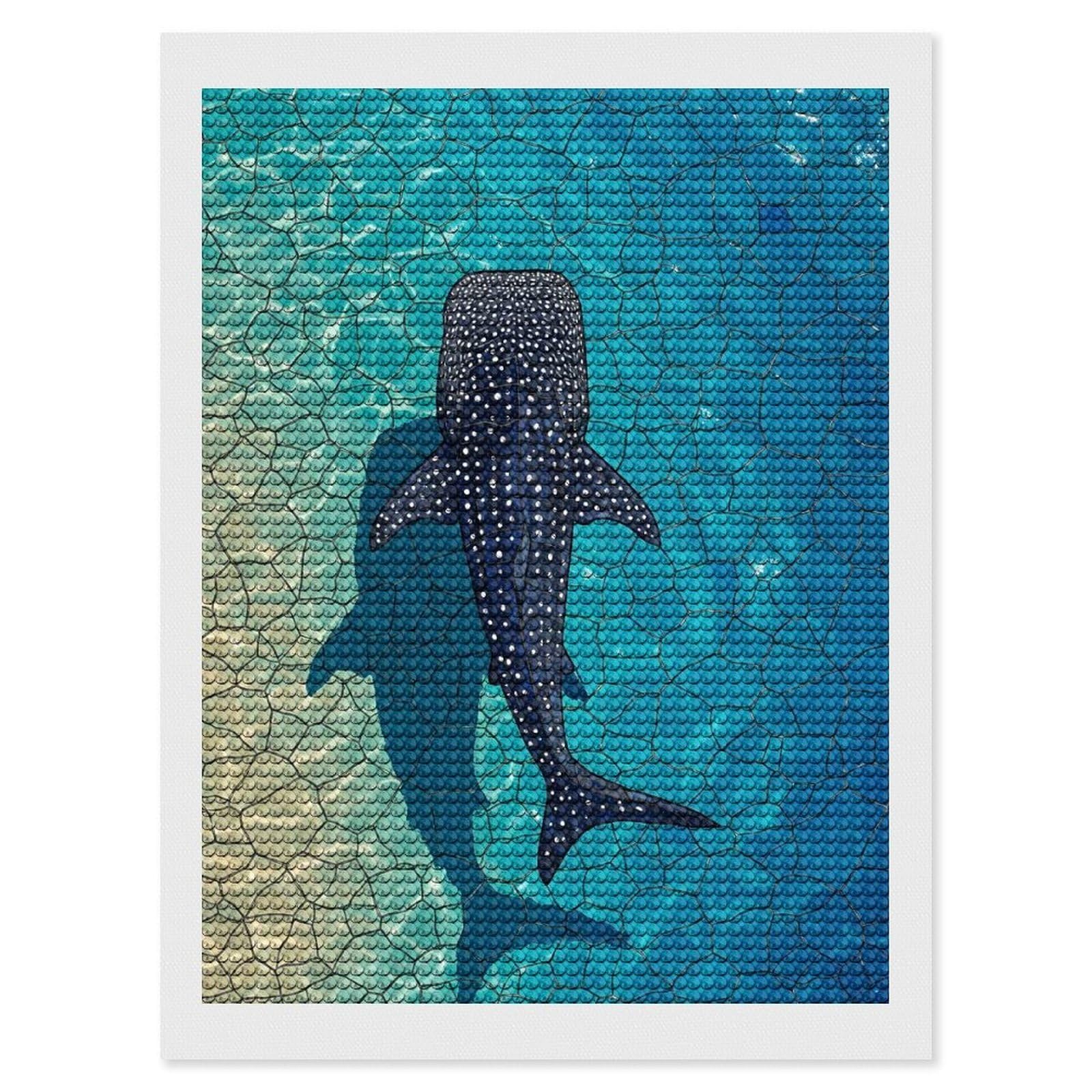 Junmoney Whale Shark Stained Glassed DIY Diamond Art Canvas Kit 12"x16", for Teens, Finish and Display, Holiday Gift Idea, Vintage Style Decor