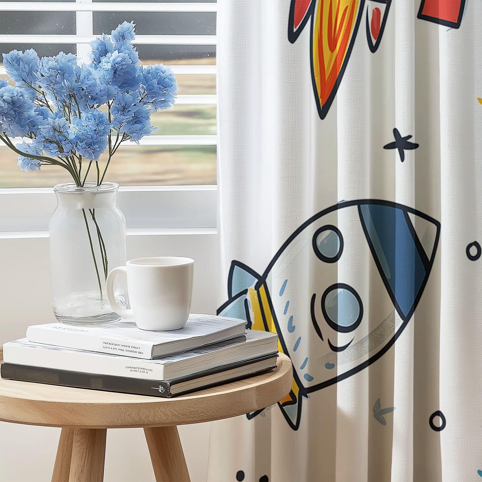 Cortinas Opacas Blanca Salon, Dibujos Animados Cohete Planeta patrón Cortina Termicas Aislantes, 140An x 225Al cm (2 Paneles) Decoración de Ventanas para Dormitorio Cocina