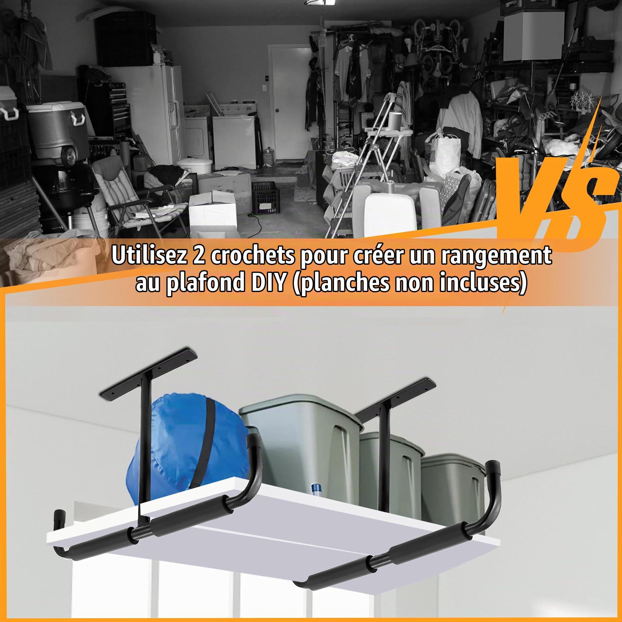 Sinoer Crochet de rangement de plafond de garage en acier, support de rangement robuste pour bois suspendu, vélos, outils, bois, système de rangement robuste, (2 paquets, noir)