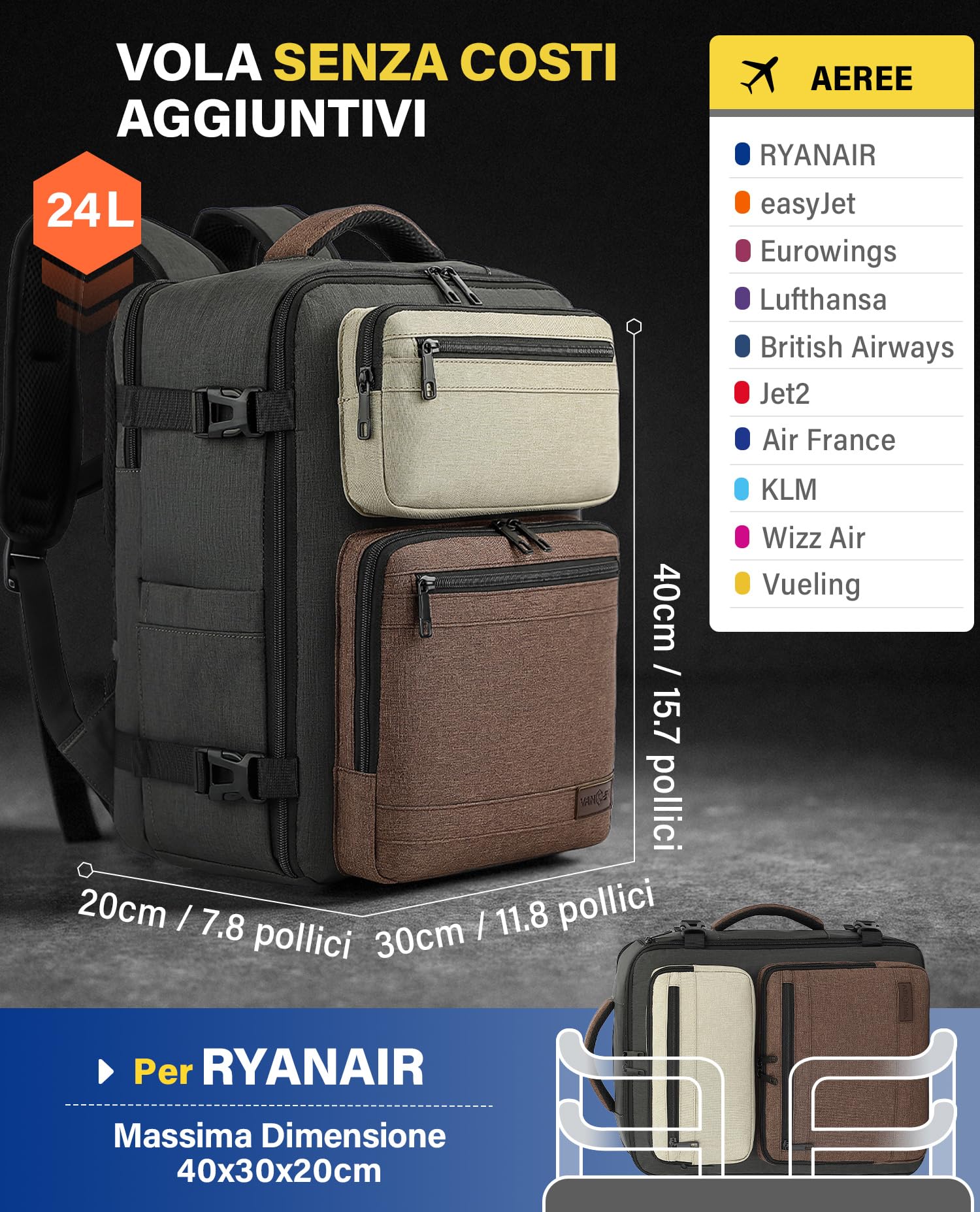 VANKEV Ryanair Easyjet Eurowings Wizz Air Zaino da Viaggio Aereo 40x30x20cm-24L, Bagaglio a Mano Per Viaggio Zaino per Laptop Adatto da 15,6 Pollici oliva verde scuro/marrone