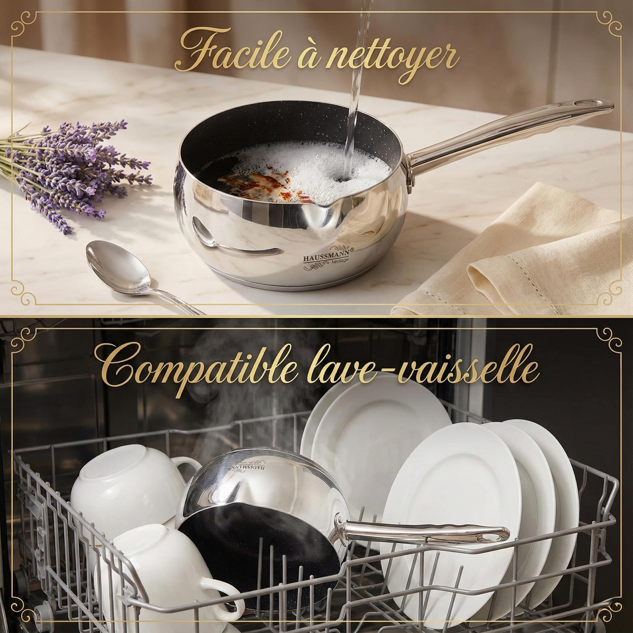Haussmann Héritage® - Set de 3 Casseroles Inox avec Revêtement Façon Pierre (16/18/20 cm) - Antiadhésif Sans PFOA - Compatible Induction - Fond Triple Épaisseur, Manches Rivetés & Becs Verseurs