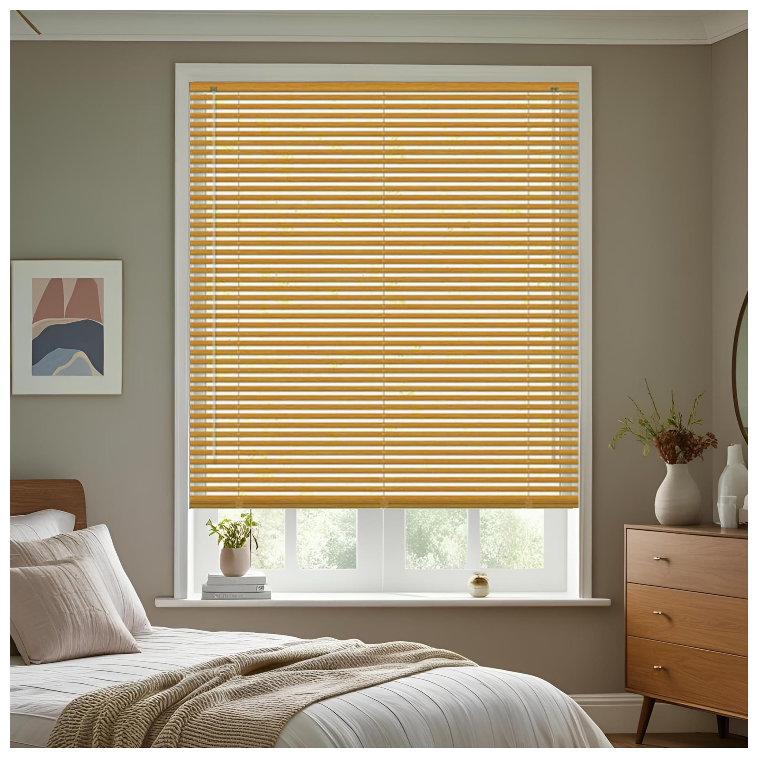 J.Din Teak Wood Grain Effect Made To Measure PVC Venetian Window Blinds Easy Fit Windows Treatment Curtains Metal Headrail Wooden Shutters Child Safe Fittings 210W x 213H cm
