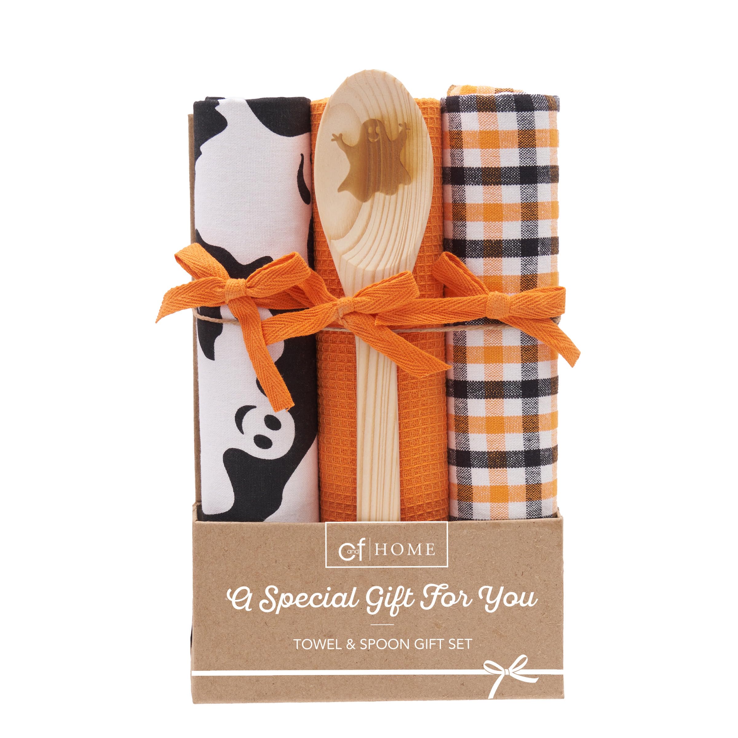 C&F Home Hey Boo Towel & Spoon Gift Bundle Halloween Autumn Harvest Fall Cute Home Kitchen Decor Decoration Set of 4 S/4 Orange