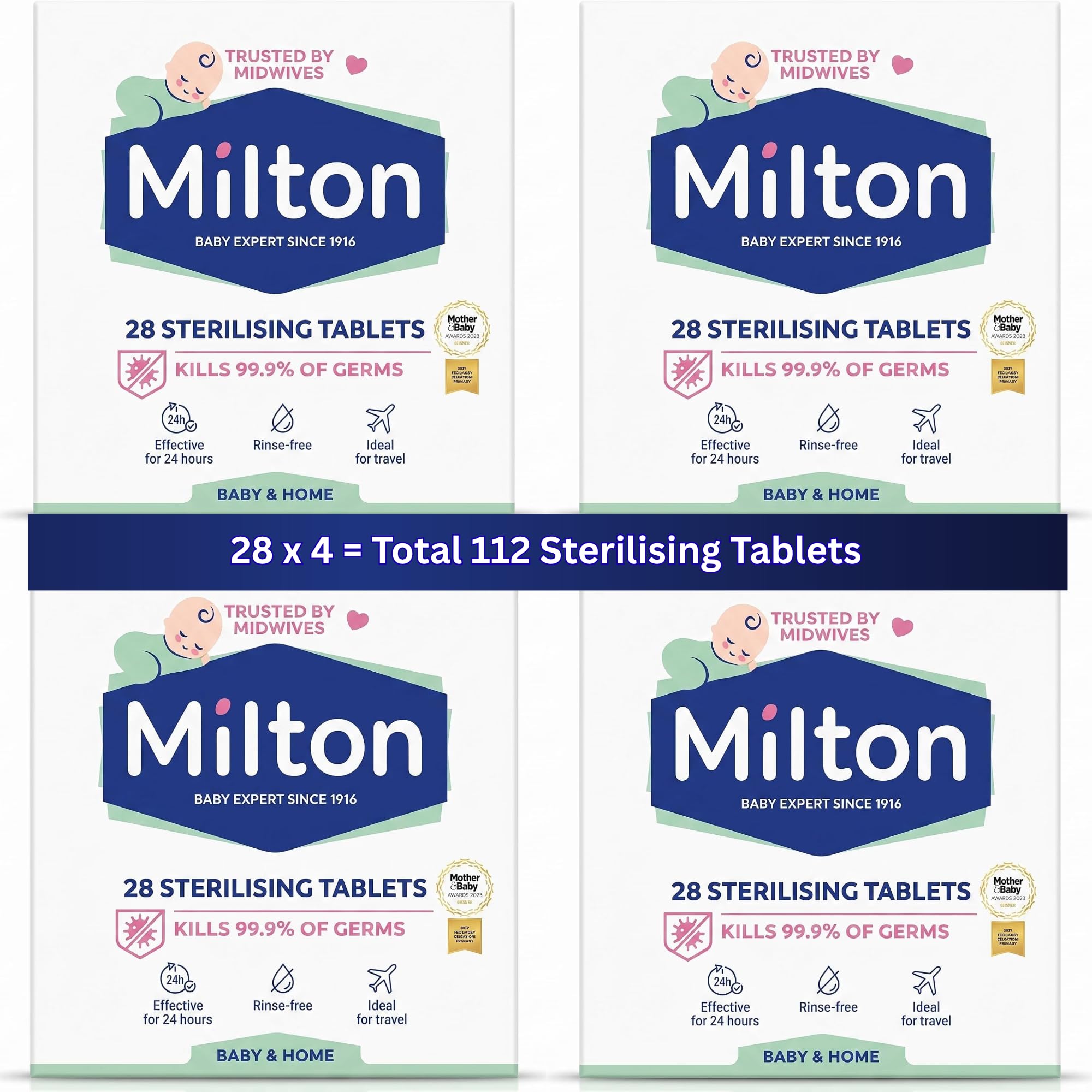 MiltonBaby Sterilising Tablets 112 Pack, Cold Water Steriliser Tablets for Baby Bottles, Teats, Breast Pump Parts and Soothers, Kills 99.9% of Germs in 15 Minutes, Rinse Free, Travel Friendly