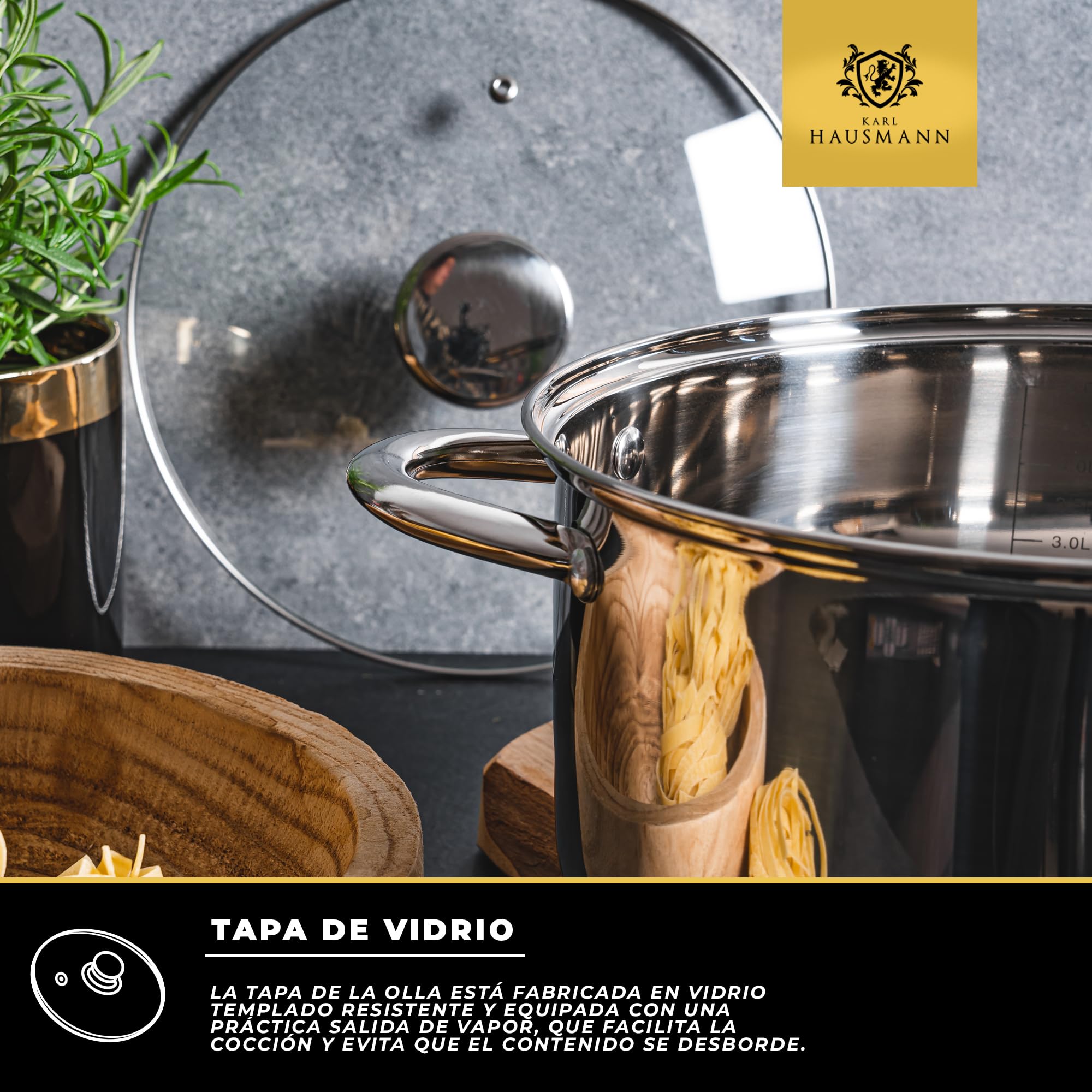KARL HAUSMANN Bateria Cocina Acero Inoxidable con Tapa de Vidrio - 2 Ollas y 1 Cazo, Aptas para Inducción, Fondo Multicapa para Cocción Uniforme, Válidas para Todo Tipo de Cocinas