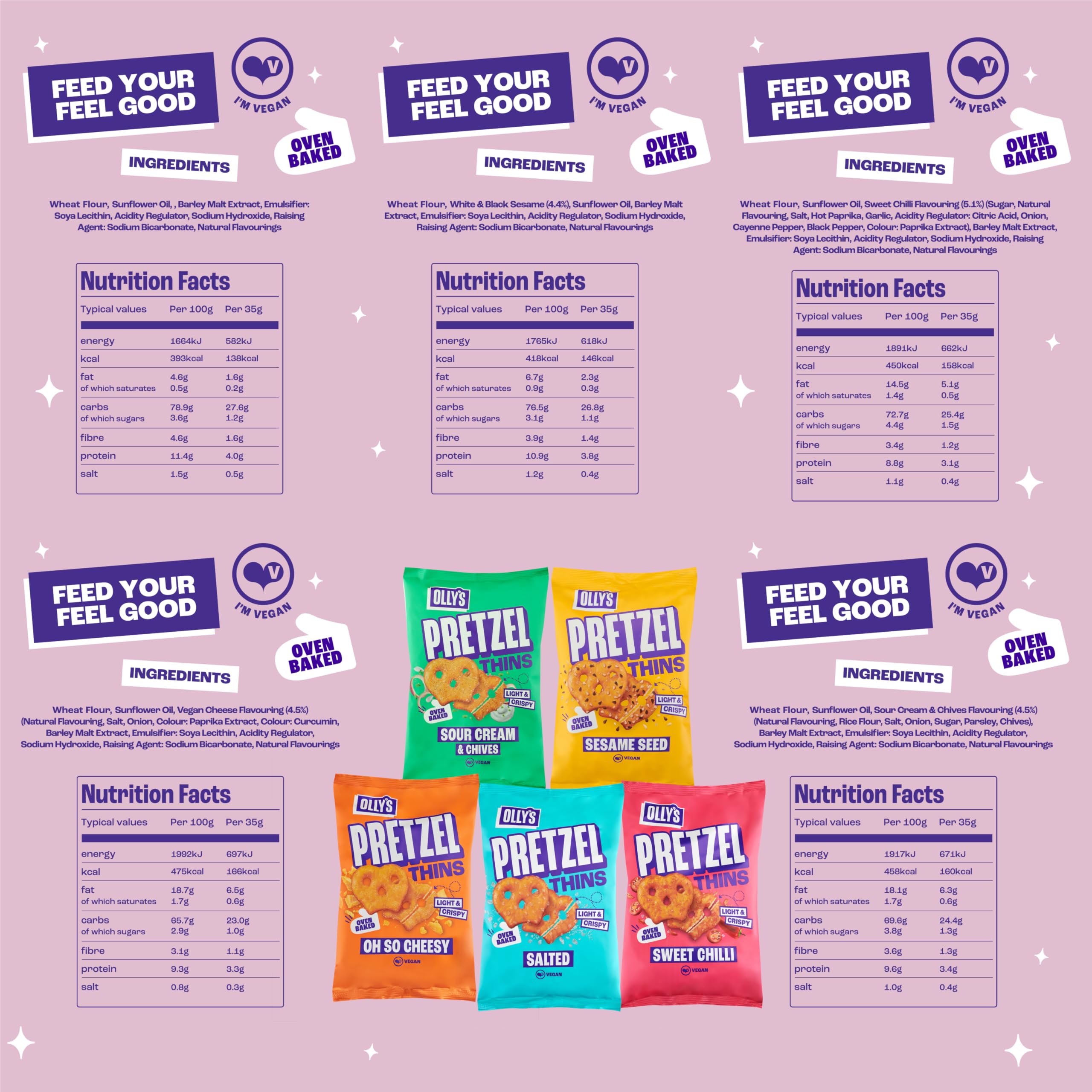 Olly's Pretzel Thins, lot de 10 variétés de 35 g, 2 salés, 2 graines multiples, 2 crèmes sures, 2 piments doux, 2 collations au fromage, faible en calories, faible en gras, source de fibres, sans