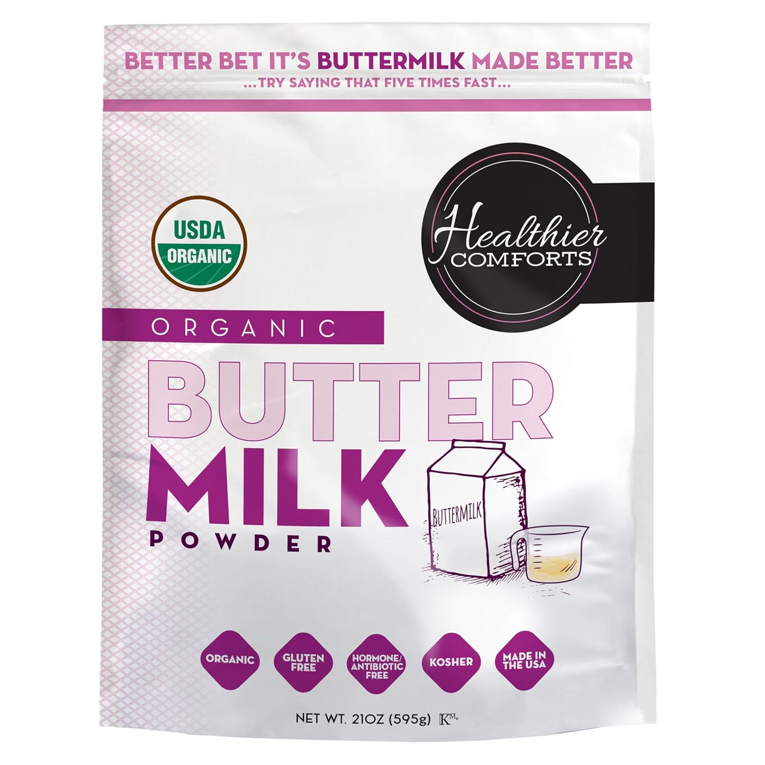 Healthier Comforts Organic Buttermilk Powder | USDA Certified, Kosher, Gluten Free, Non-GMO | Baking Supplies, Biscuits & Gravy, Mini Pancakes 21oz