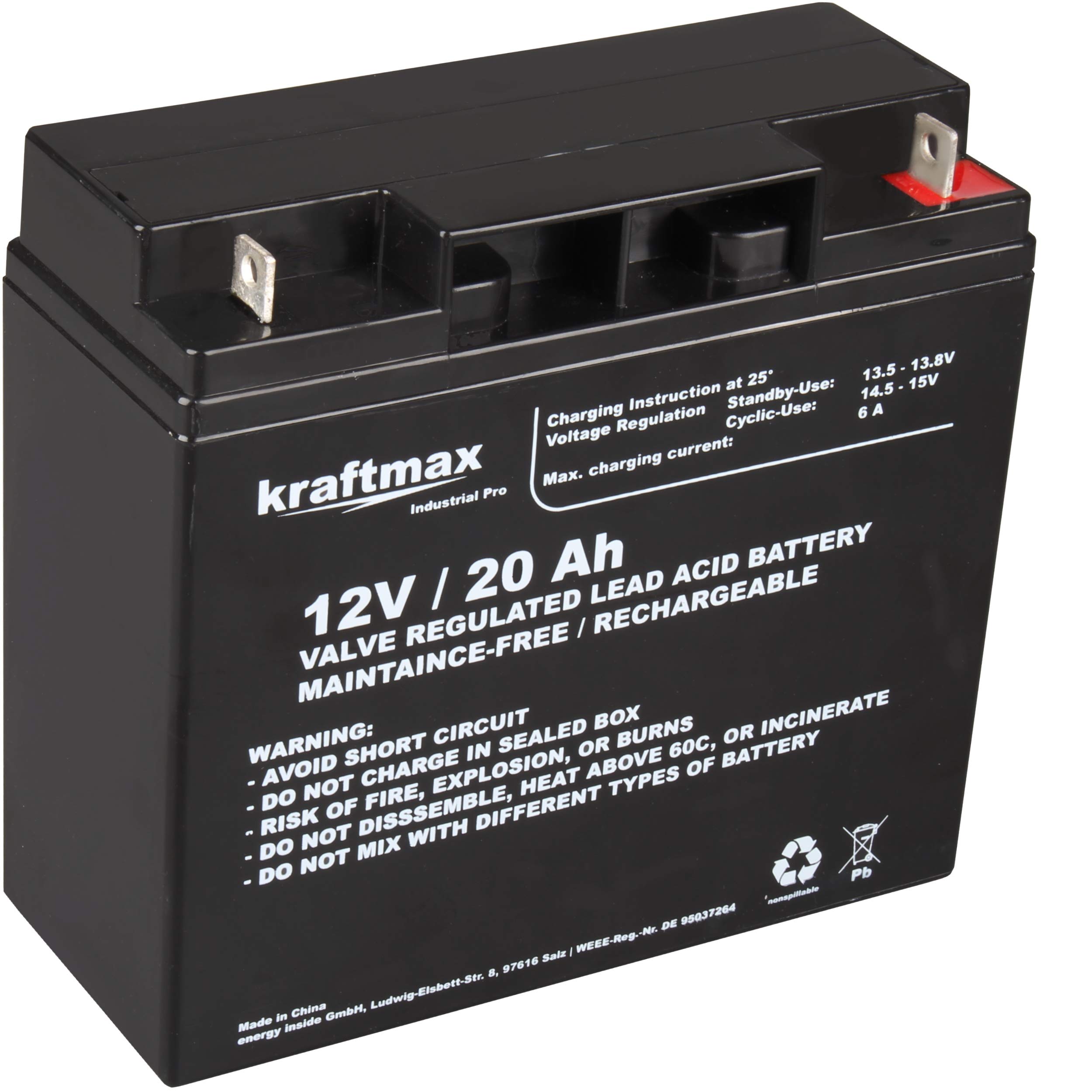 Kraftmax Industrial 12V 20Ah AGM Bleiakku – Hochleistungsakku wartungsfrei & auslaufsicher – Zyklenfest für USV, Alarmanlagen, Solaranlagen, Scooter & Rasentraktoren
