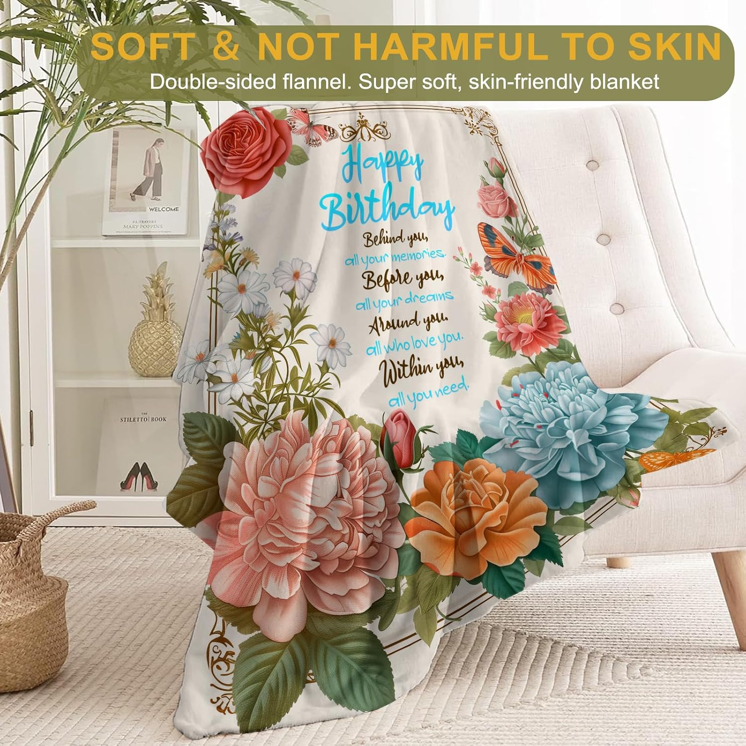 Birthday Gifts Blanket to Women Girls with Floral,Soft Flannel Throw with Colorful Flower & Inspirational Message,Unique Gift for Mom Wife Sister Female Grandma,Happy Festival Decor 50x60in