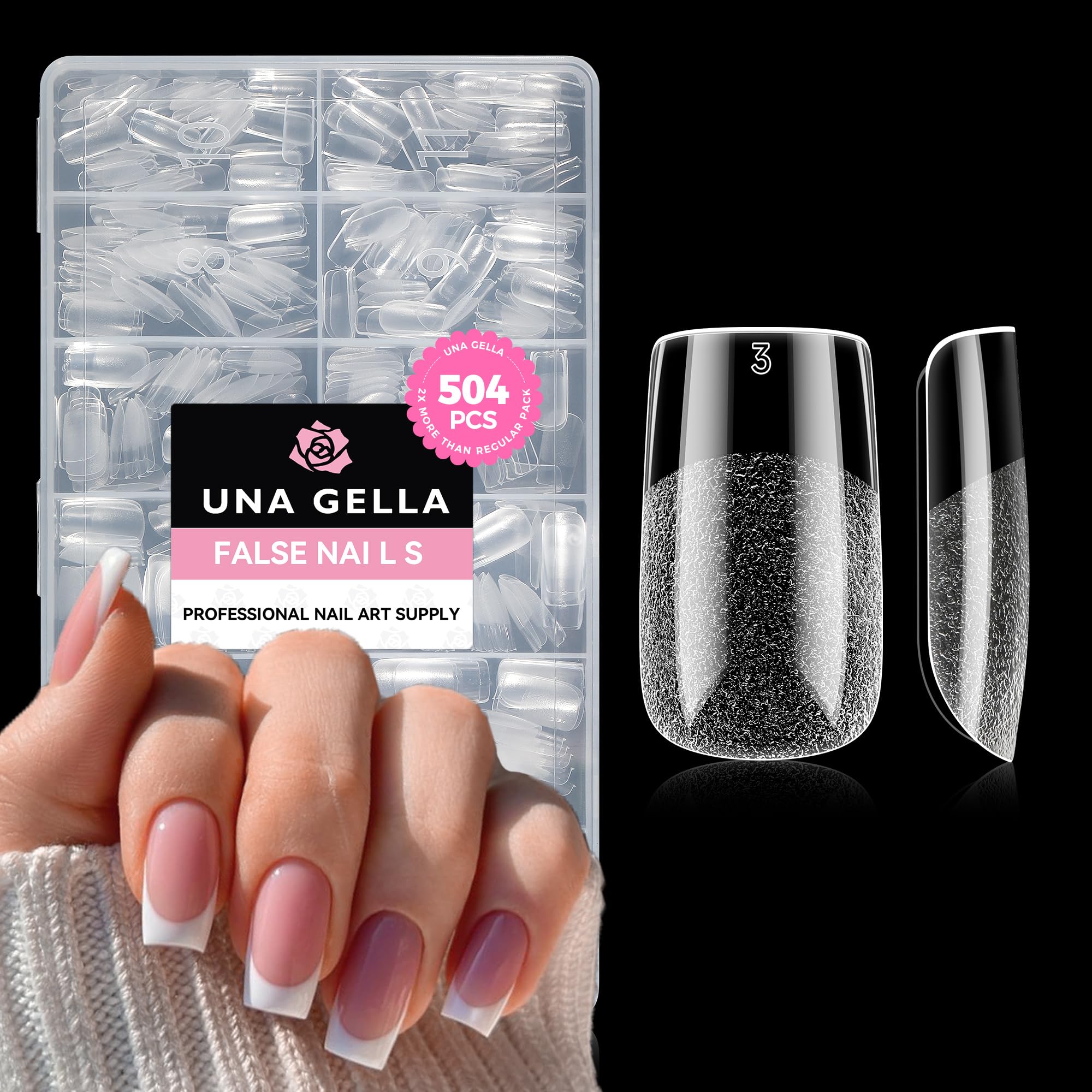 UNA GELLA Nail Tips Square: 504PCS Short Square Nail Tips Pre Etched Gel Fake Nails Tips, No C Curve For Women DIY Nail Extension French Style Salon Home Full Cover Soft Acrylic False Tips 12 Sizes