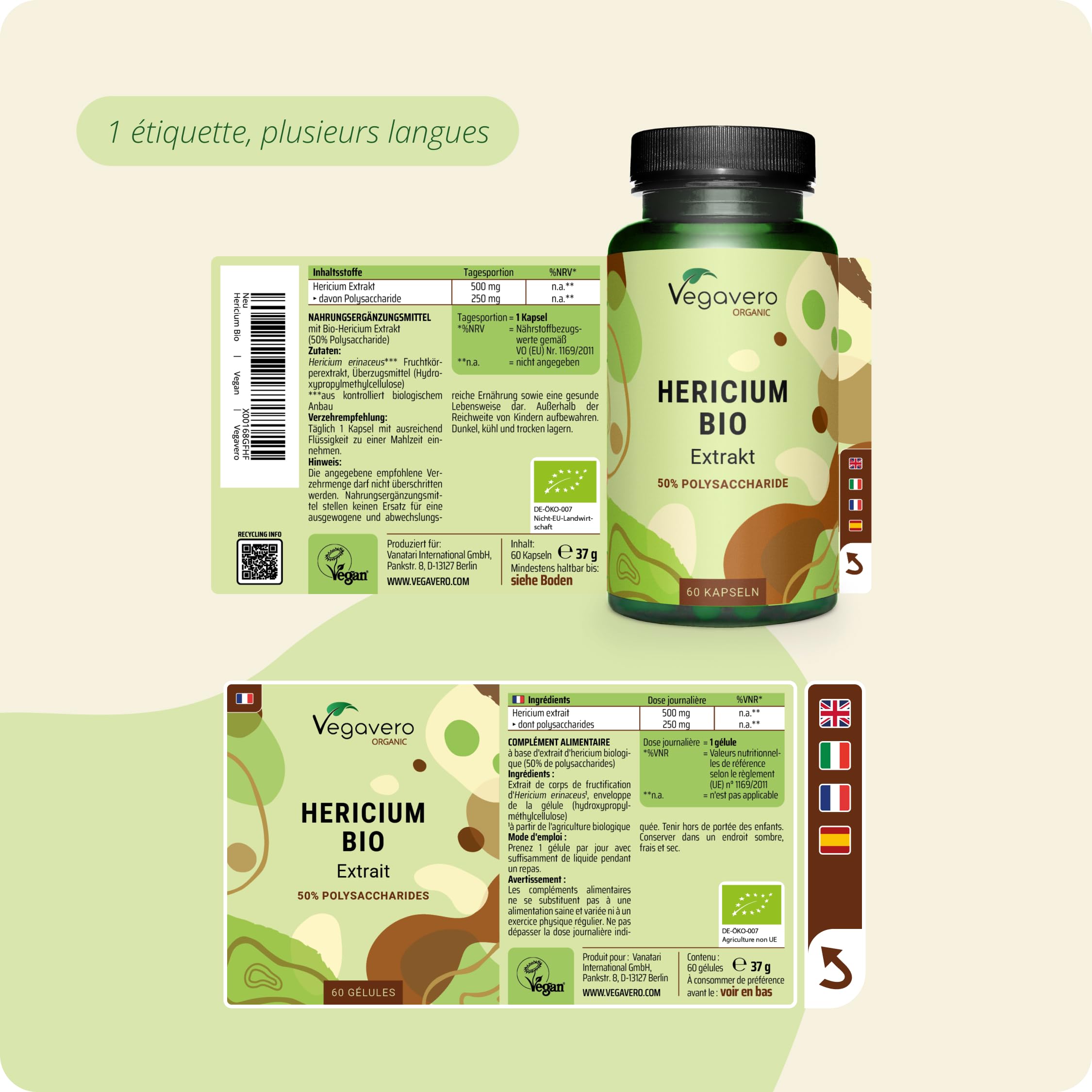 HERICIUM Erinaceus BIO | 10 000 mg (20:1) | Adaptogène + Mémoire | Lions mane | 50% Polysaccharides | VEGAN et SANS ADDITIFS | 60 Gélules | Vegavero®