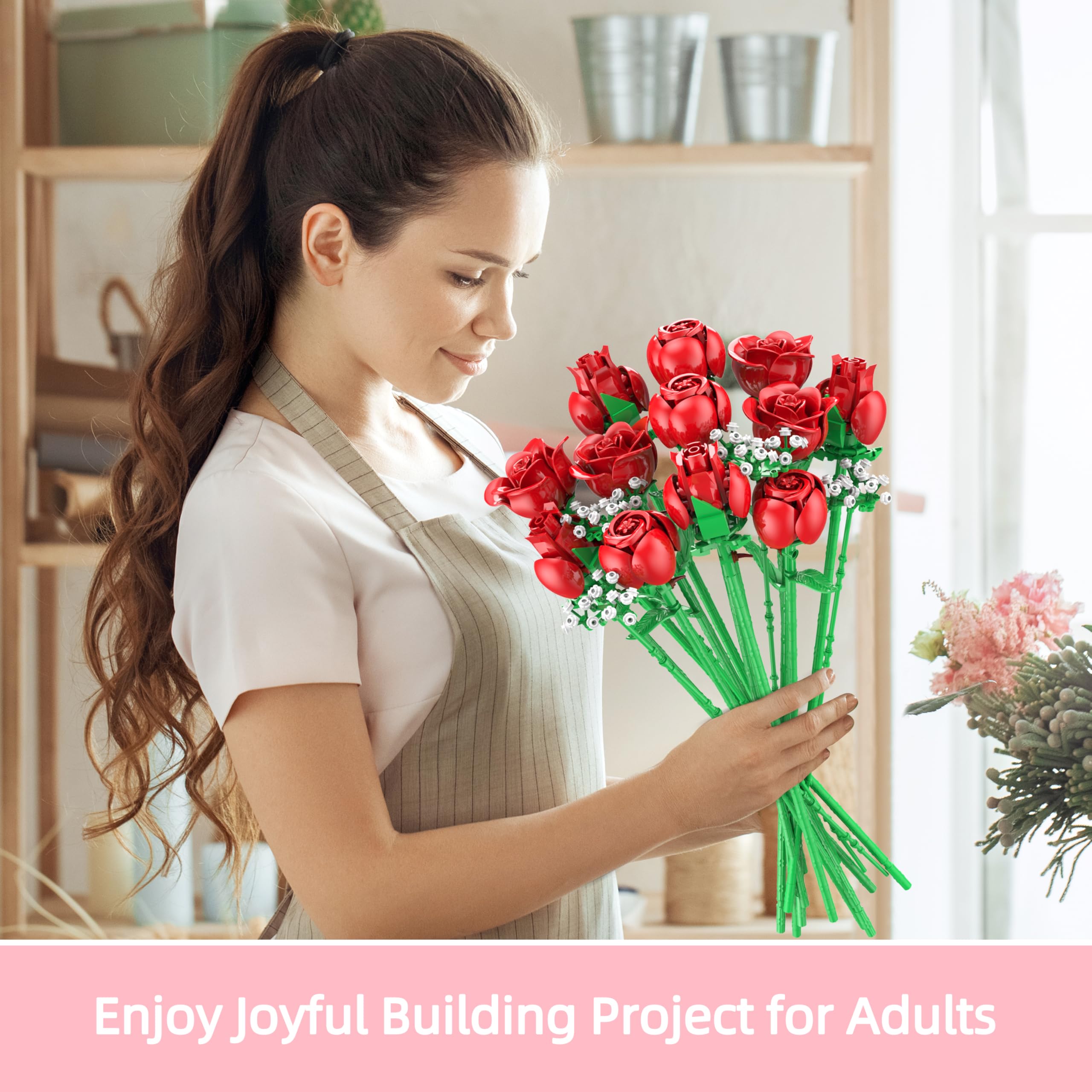 Red Rose Bouquet Building Set, 960PCS Roses Flowers Artificial Flowers Botanical Collection Blocks Kit for Adults Women Gift for Valentines & Mother's Day Home Decor Flower Decorations