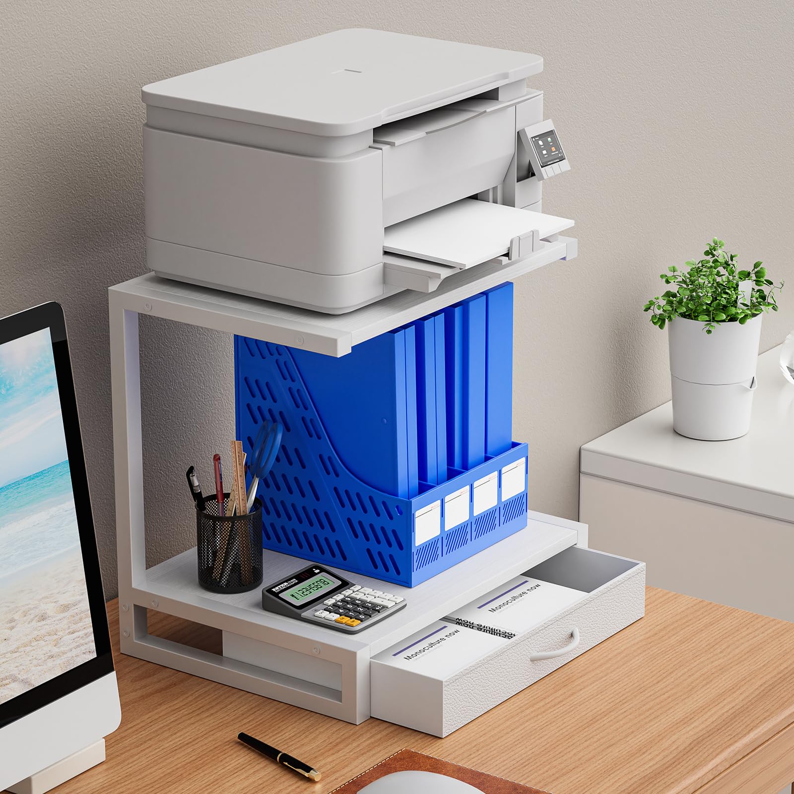 Soporte de impresora de escritorio de 2 niveles con cajón de tela, mesa Prtiner con estante de almacenamiento, organizador de escritorio para oficina en casa, impresora 3D, máquina de fax, 2