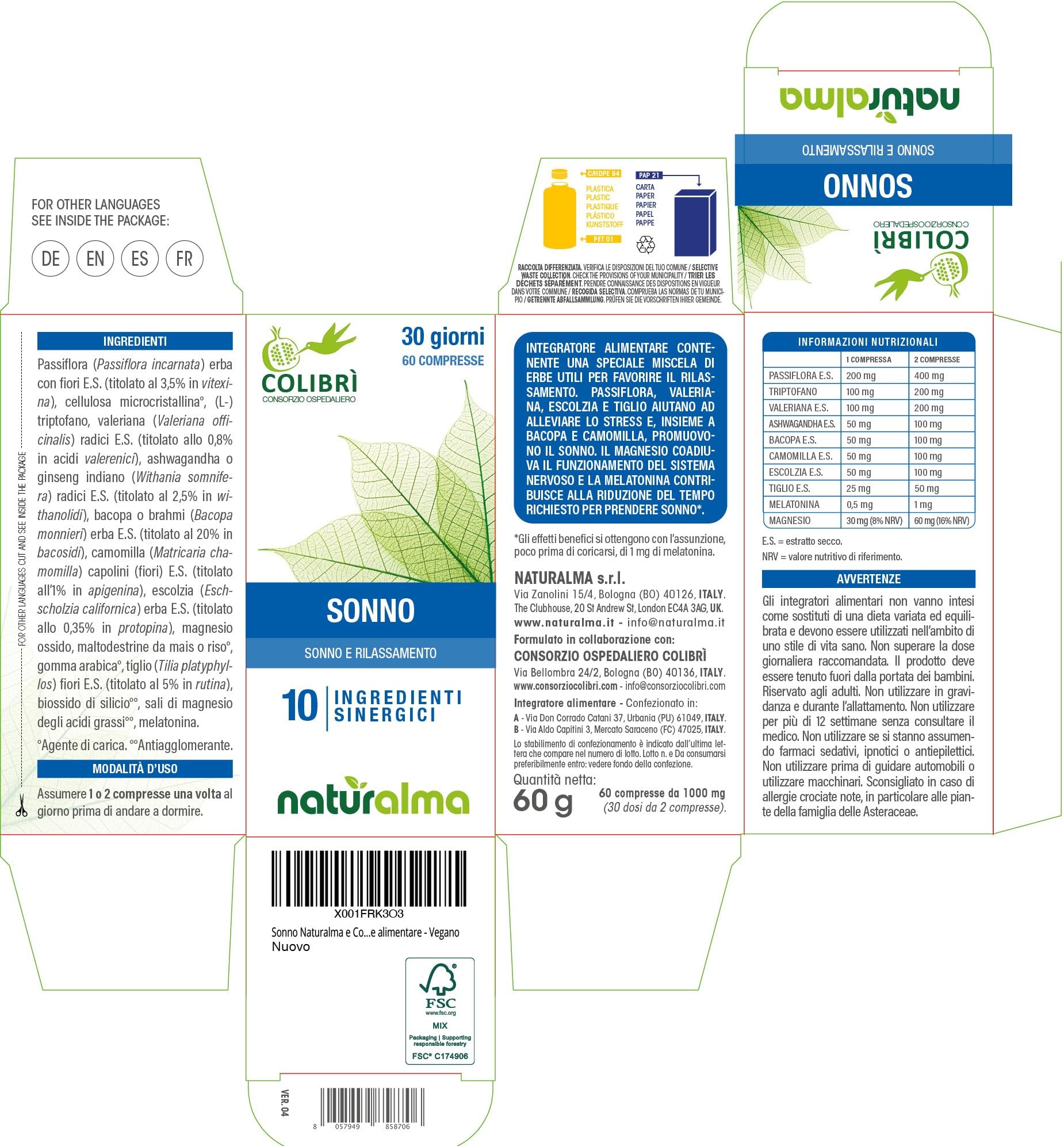 Sonno Naturalma e Consorzio Colibrì 60 compresse da 1000mg - Melatonina, Magnesio, Passiflora, Valeriana, Ashwagandha, Bacopa, Camomilla, Escolzia e Tiglio - Integratore alimentare - Vegano