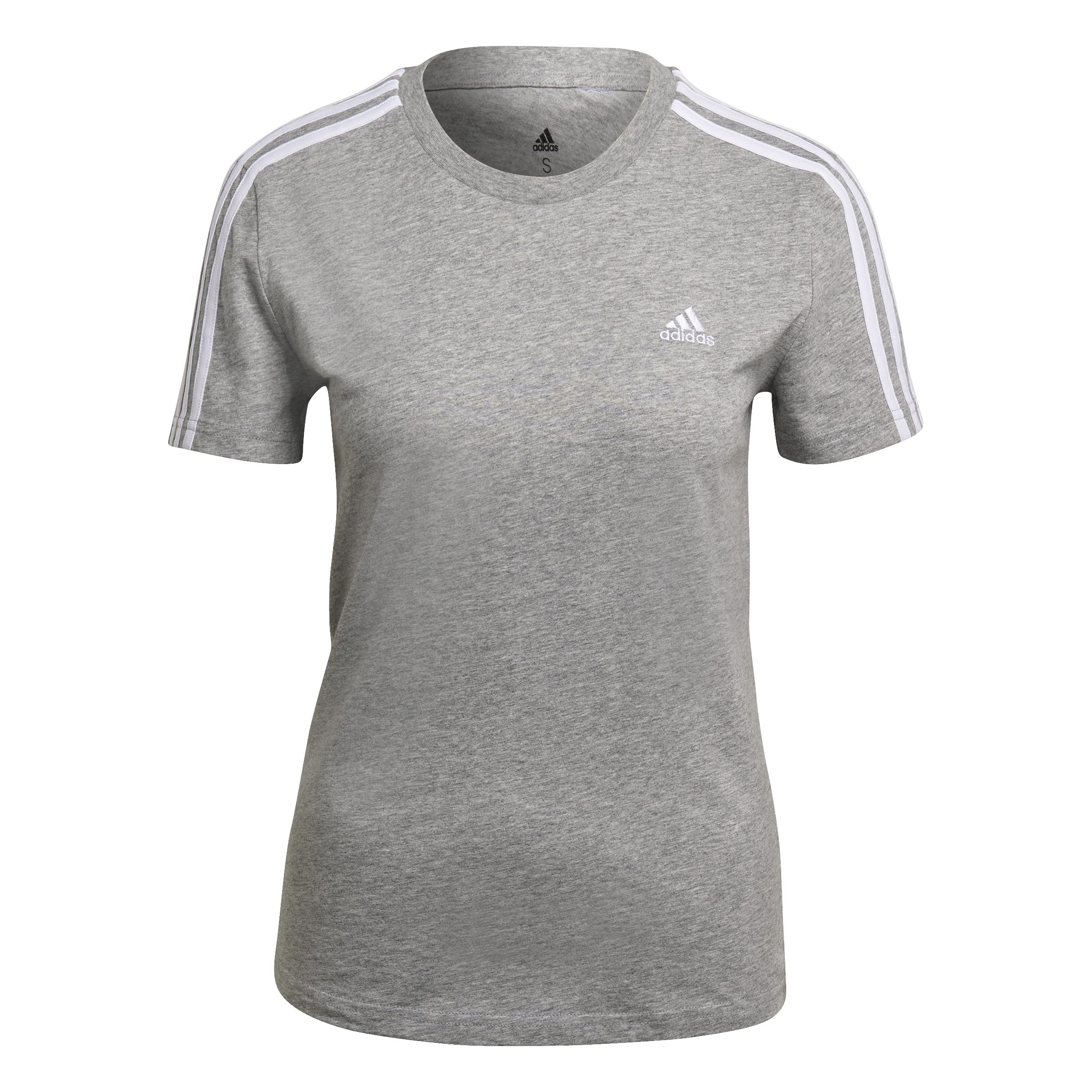 adidas Women's Essentials Slim 3-Stripes Tee, Medium Grey Heather/White, XS