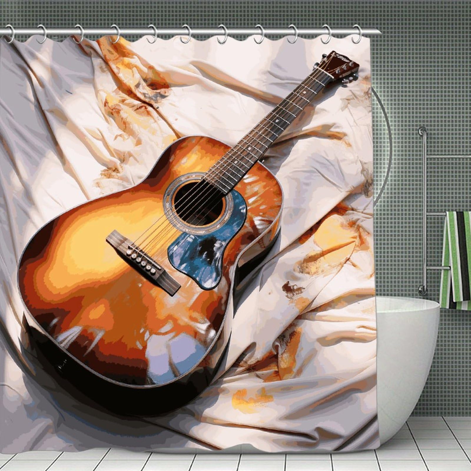 VstaDank Watercolor Acoustic Guitar Shower Curtain Light-Weight Blackout Bathroom Curtain Washable Shower Liner 71x71 Inch Bath Curtain with Metal Holes Bathtub Bath Room