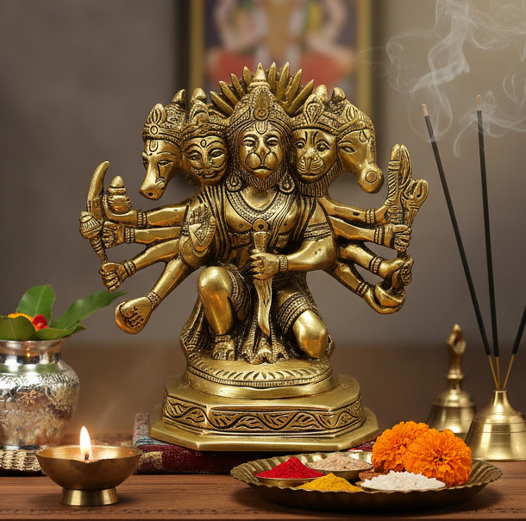 eSplanade Brass Panchmukhi Hanuman Anjaneya Pavan Putra Bajrangbali Idol Murti Moorti Statue (7 Inch)