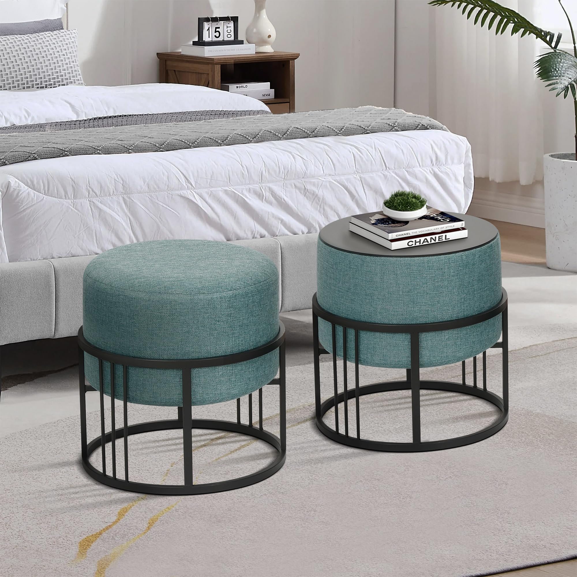 [en.casa] Set 2 Pouf 2in1 Reversibili Impilabili Seduta Imbottita e Piano Rigido in MDF Telaio in Metallo Tavolino Poggiapiedi Sgabello Circolari 38xØ38 cm Verde