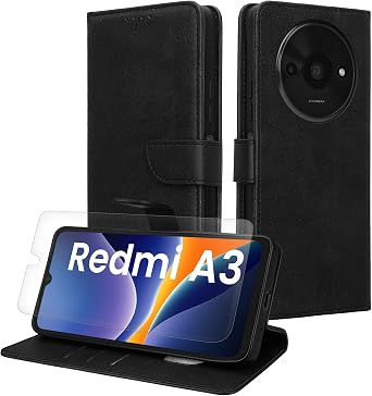 kwmobile PU Faux Leather Case Compatible with Xiaomi Redmi A3 - Wallet Case with Screen and RFID Protection - Black