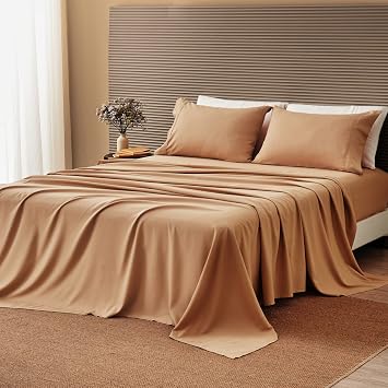 3 Piece Twin Bed Sheet Set | Silky Soft Bamboo Rayon Blend | Cooling Bed Sheets | Wrinkle Resistant, Breathable, Cool for Hot Sleepers Almond