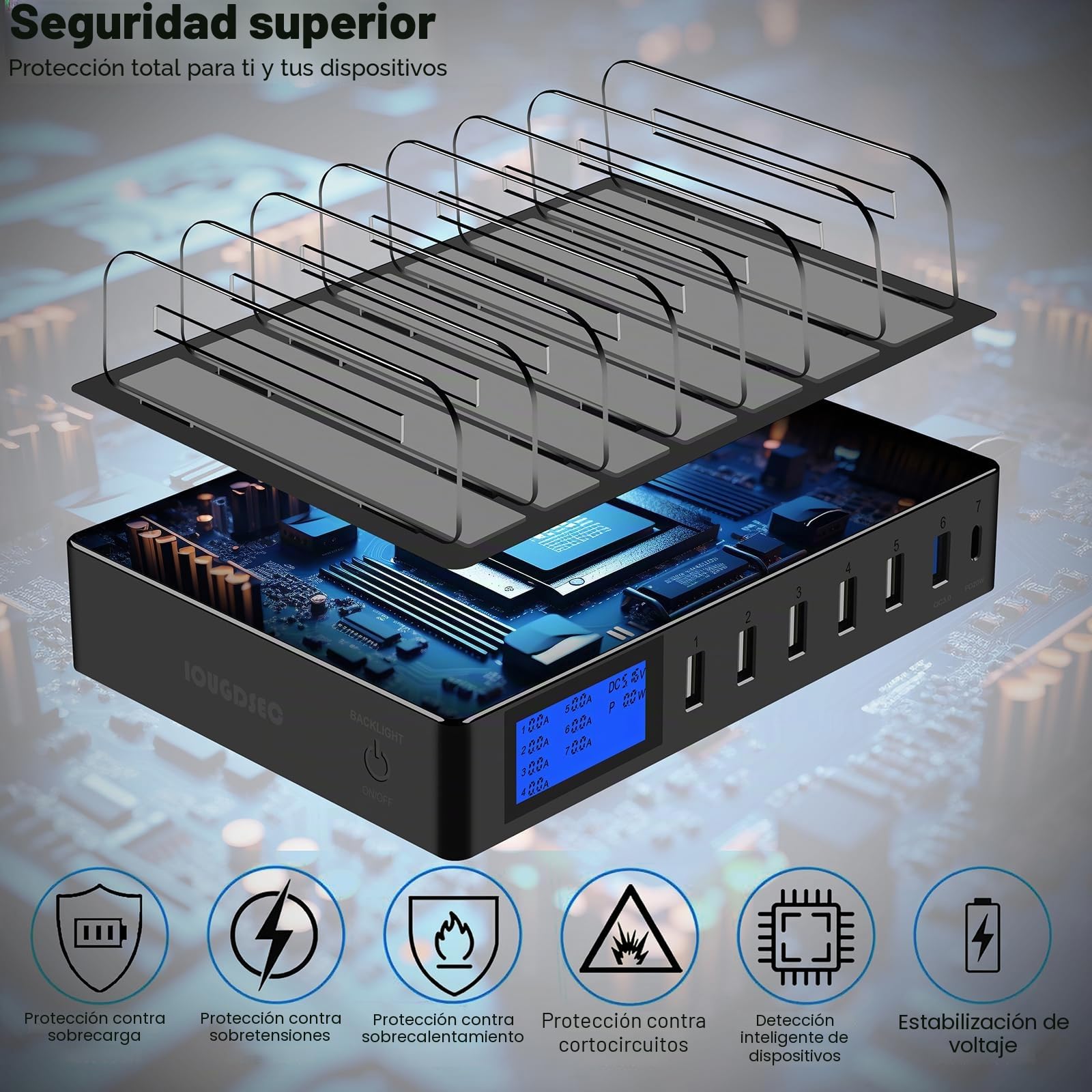Estación de carga rápida PD20W QC3.0 con múltiples puertos USB, estación de carga 7 en 1 para múltiples dispositivos con pantalla LCD compatible para iPhone, iPad, Samsung, Huawei y más (Negro)
