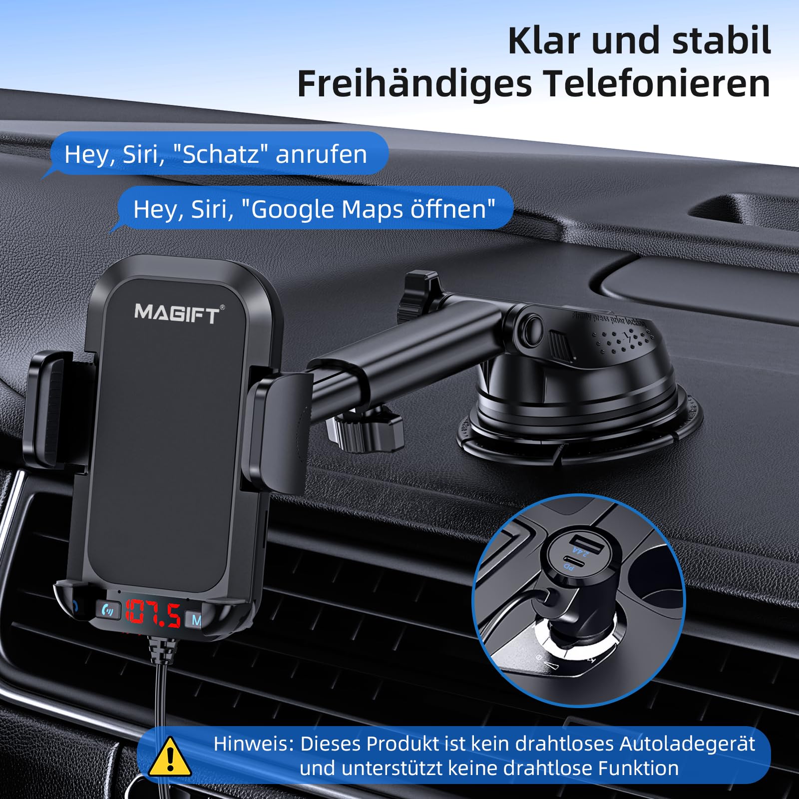 Transmisor FM Bluetooth 5.3 para coche con soporte para teléfono 3 en 1, sonido HiFi Bass, manos libres, 30 W PD y QC 3.0, compatible con tarjeta TF/SD de 64 G AUX USB Flash Drive para iPhone Android
