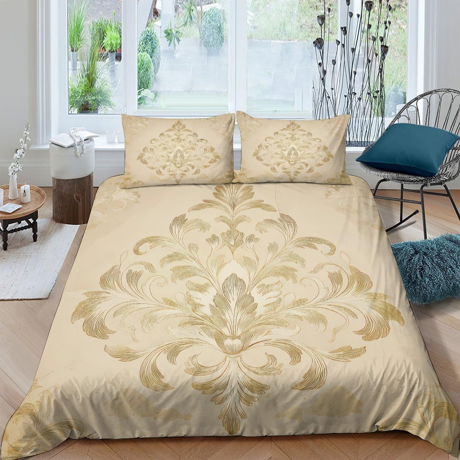 GPLZQXKJNH 3D Printed Baroque Damask Duvet Cover Microfiber Soft Breathable Vintage Ornate Bedding Set with 2 Pillowcases for Bedroom Decor Single（135x200cm）