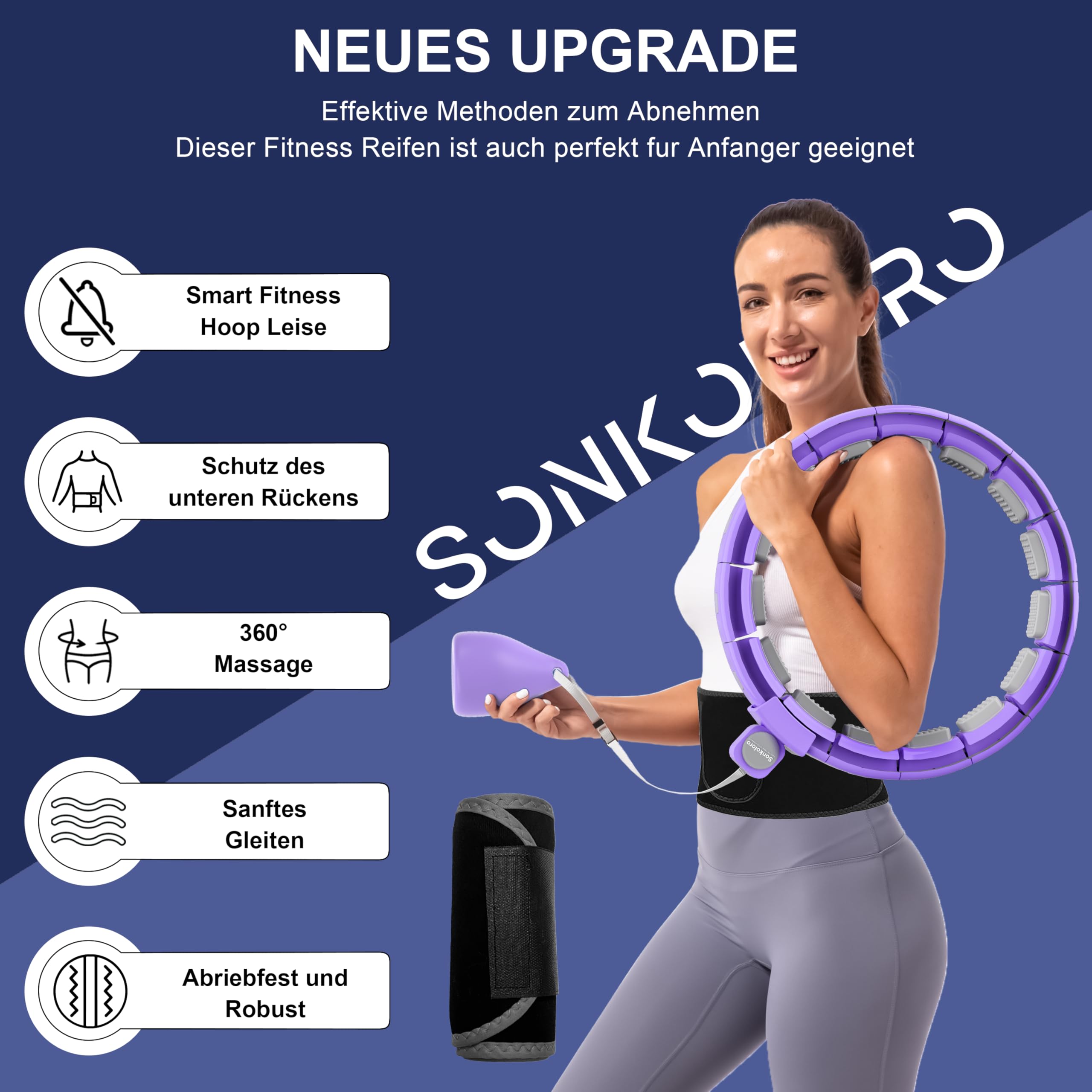 Smart Fitness Hoop Reifen mit Taillenband für Erwachsene & Anfänger – Leiser Hula-Hoop zum Abnehmen, mit Gewichtskugel und Noppen, Fitness Hoop, der Nicht herunterfällt