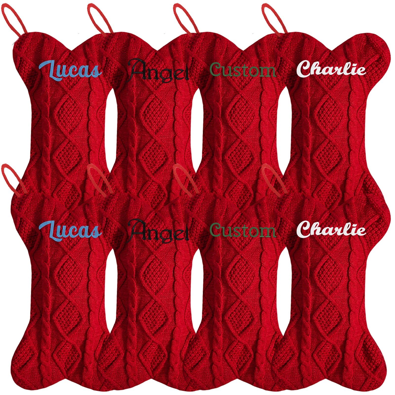 Lot de 8 grandes chaussettes de Noël tricotées en forme d'os avec nom amusant à faire soi-même - 41,9 cm - Pour cheminée, escaliers, maison, sapin de Noël