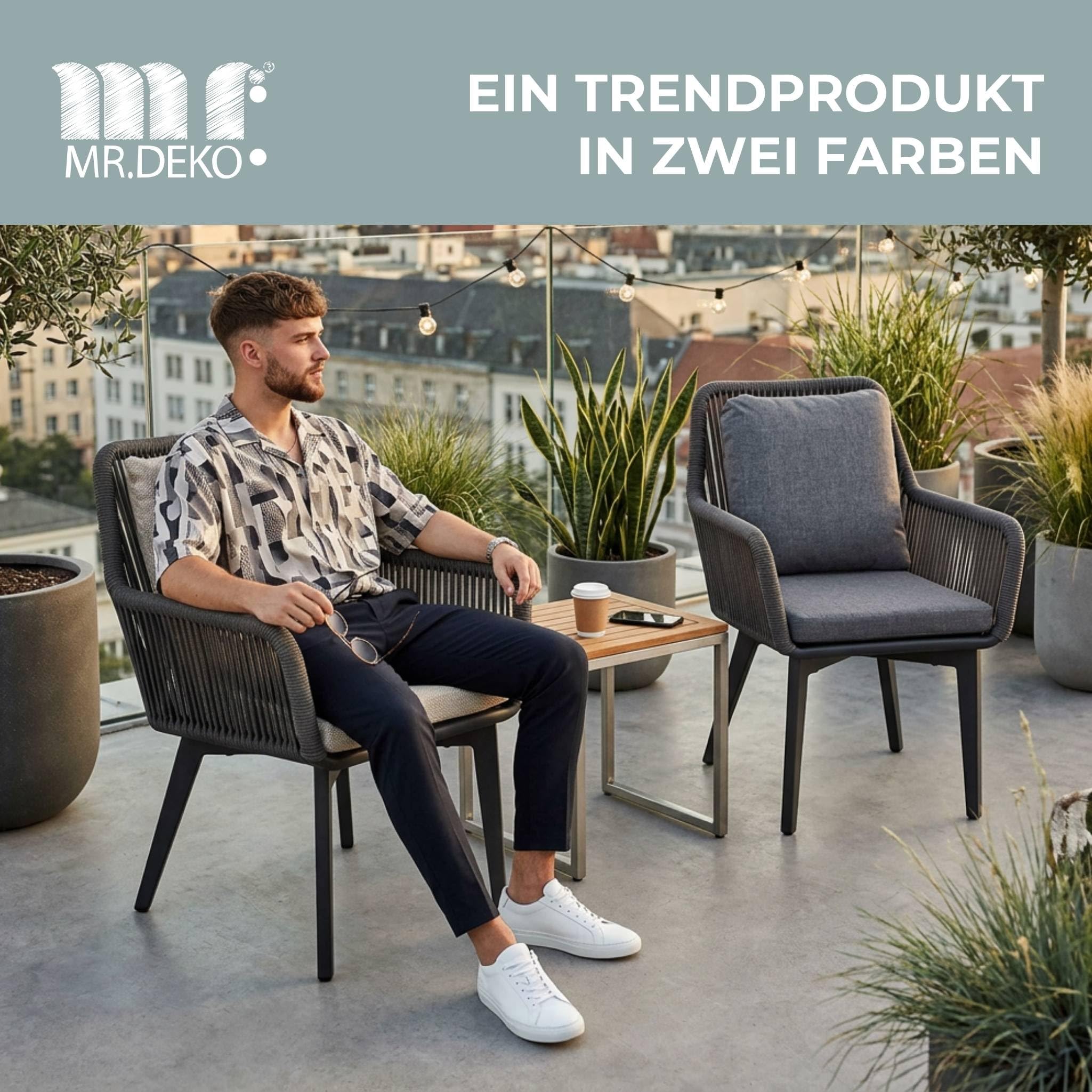 MR. DEKO Gartenstühle Marbella 2er Set Aluminium Rope Gartensessel Balkon