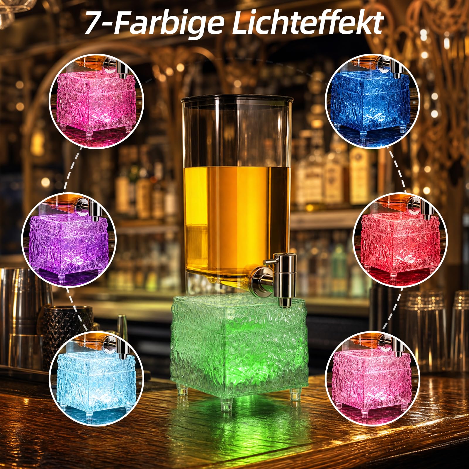 3L Biersäule mit LED-Leuchtsockel, Getränkespender mit Zapfhahn, USB-aufladbarer Getränketower mit Edelstahl-Zapfhahn für Bier, Cocktails, Fruchtgetränke, Partys & Gastronomie
