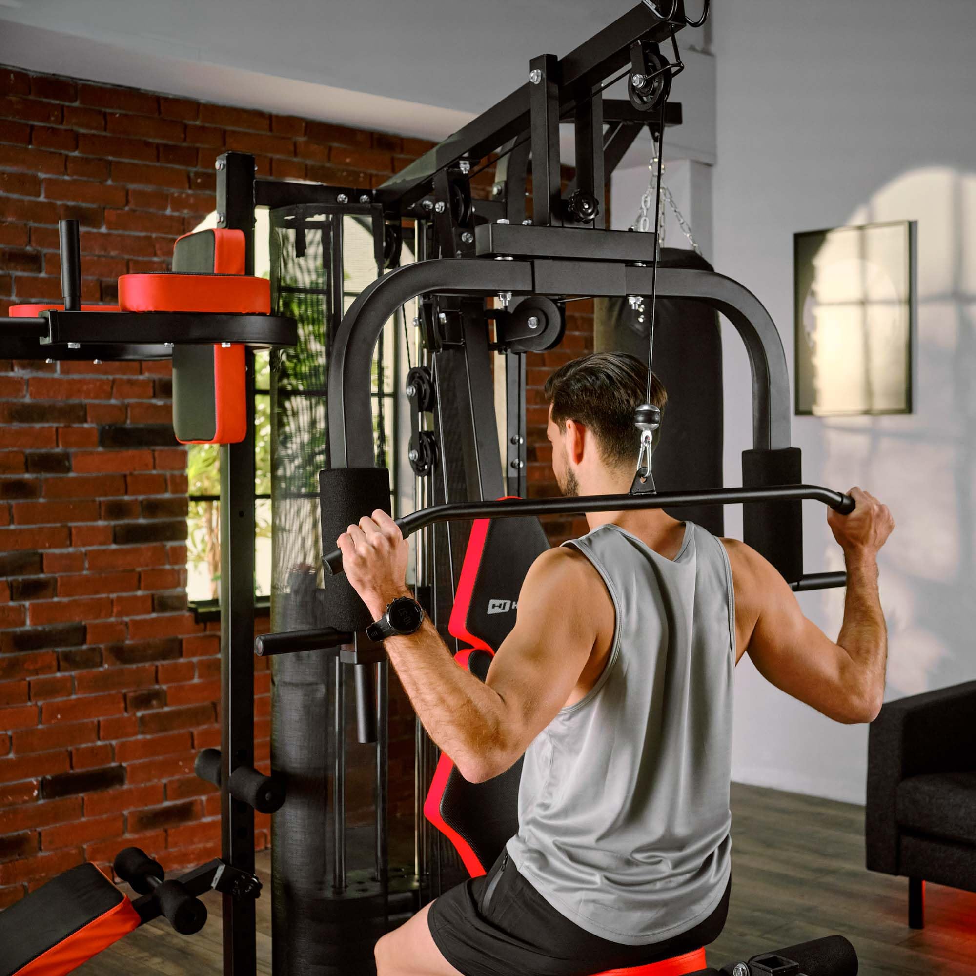 HOP-Sport® Station de Musculation Multifonction HS-1054K, Appareil avec 3 Positions 72kg, Banc d'entraînement, Sac et Gants de Boxe, Module Papillon, Barre de Traction, Poulie Haute, Haltères 2x1,5kg
