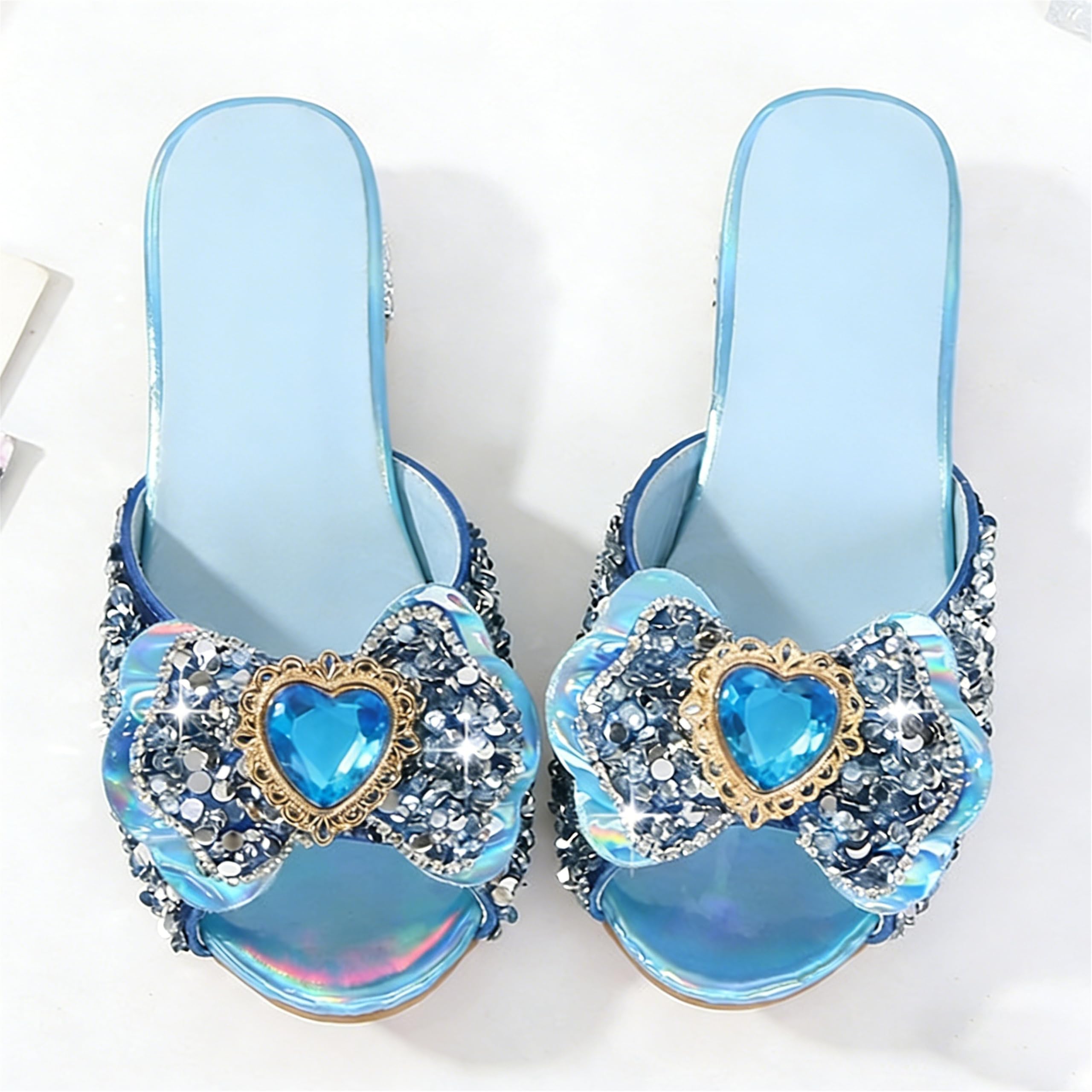 Princesse Fille Chaussures à Talon Haut Pantoufle Argenté Paillette Noeud Elsea Badge Semelle Elsea Imprimé Reine des Neiges Sandale Bouche de Poisson Noël Halloween