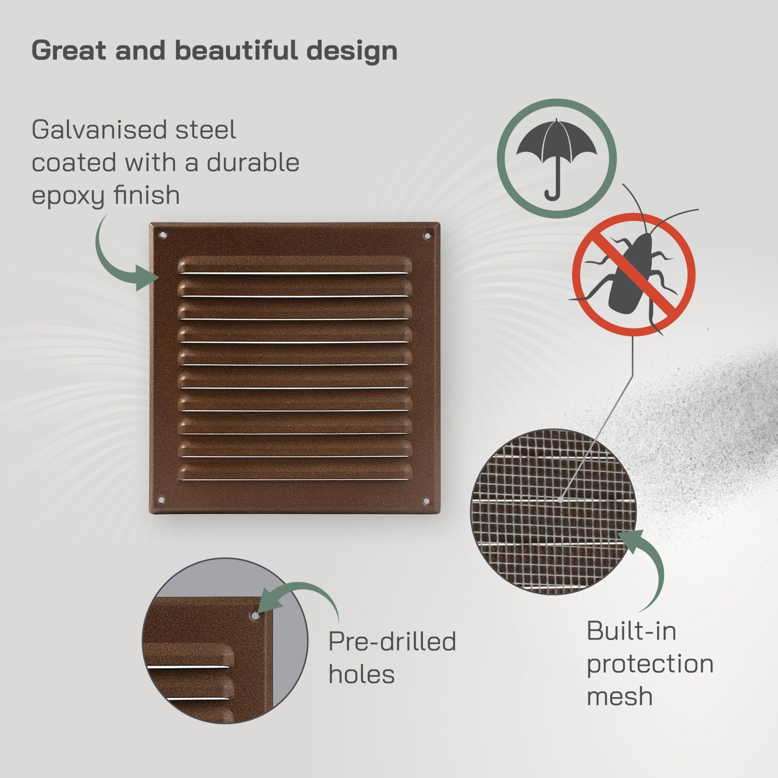 Vent Systems 250 x 250 mm / 9.84" x 9.84" Inch Brown Metal Soffit Air Vent Cover, Square Louvered Gable Vent with Mesh Screen - Image 3