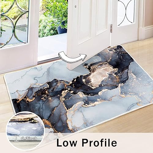 Miniatura 2 de Alfombra abstracta moderna de 2 x 3 pies, alfombra de baño con textura de mármol azul, antideslizante, lavable, alfombra de pelo bajo para