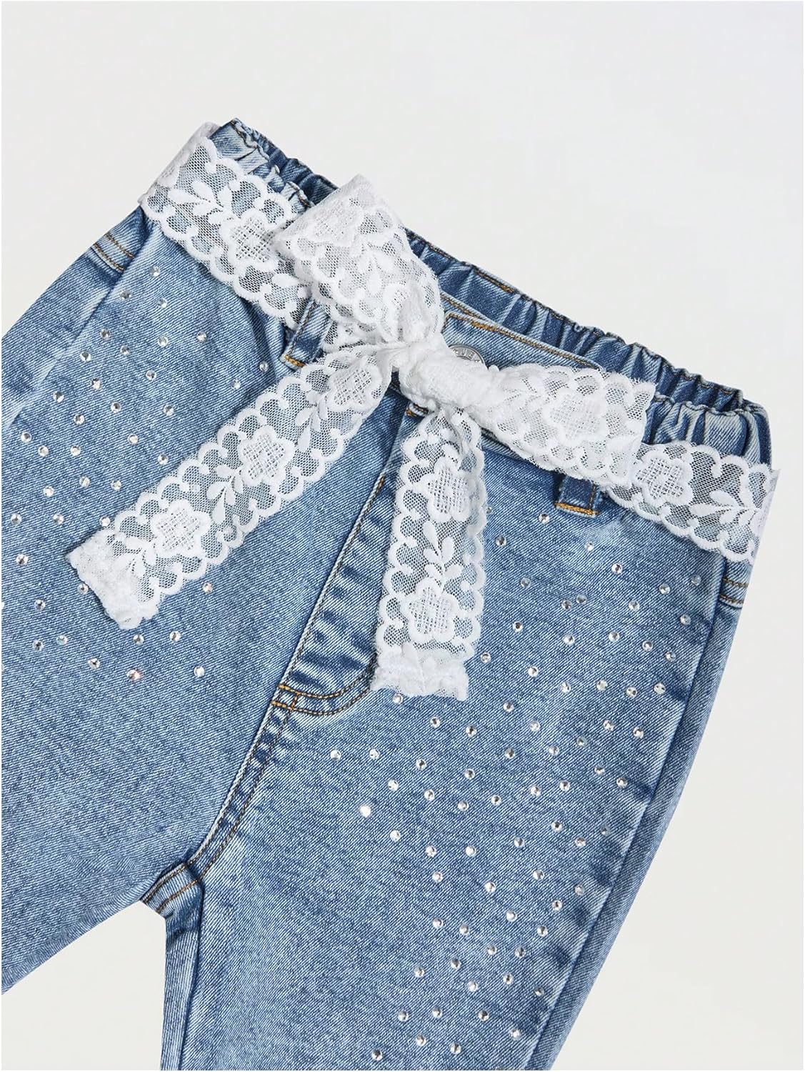 WDIRARA Toddler Girl's Rhinestones Flare Jeans Lace Belted Bell Bottom Denim Pants - Image 3