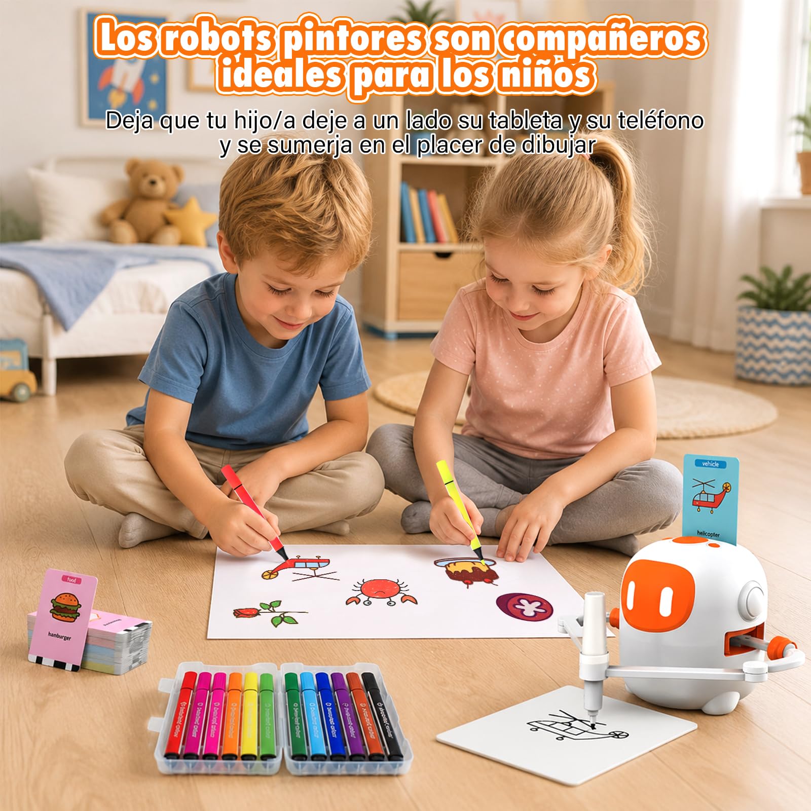 Robot de Dibujo Infantil con 100 Tarjetas y 12 Rotuladores, Juguete con Interacción por Voz Que Fomenta Concentración y Paciencia, Regalo Ideal para Niños Mayores de 3 Años, Blanco