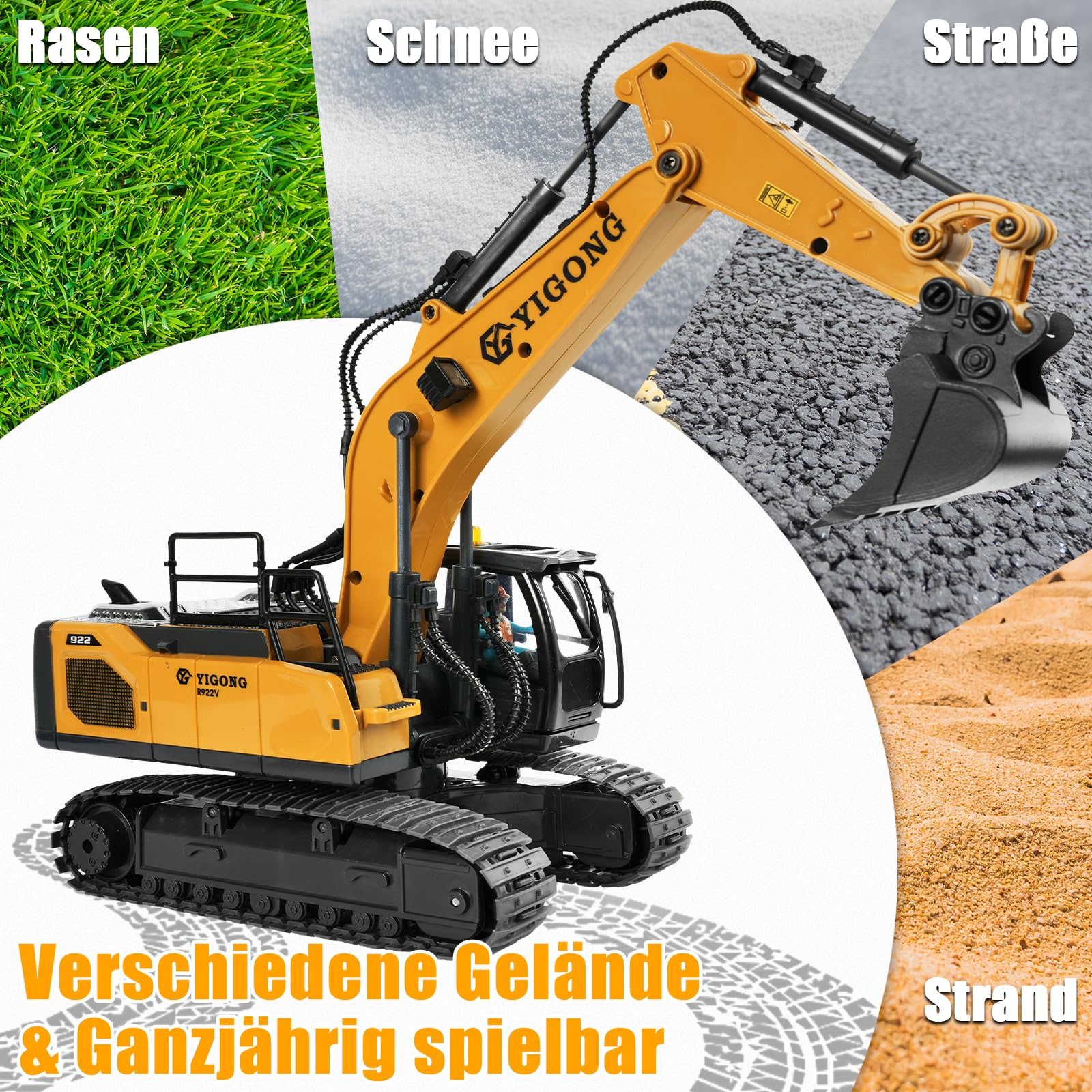 Ferngesteuertes Bagger Spielzeug für Kinder ab 4 5 6 7 8 9 Jahre, 2,4 GHz Schwerkraft Gesteuerte Bagger Ferngesteuert mit Licht und Sound, 11 CH RC Spielzeugautos Geschenk für Junge 5-12 Jahre Alt