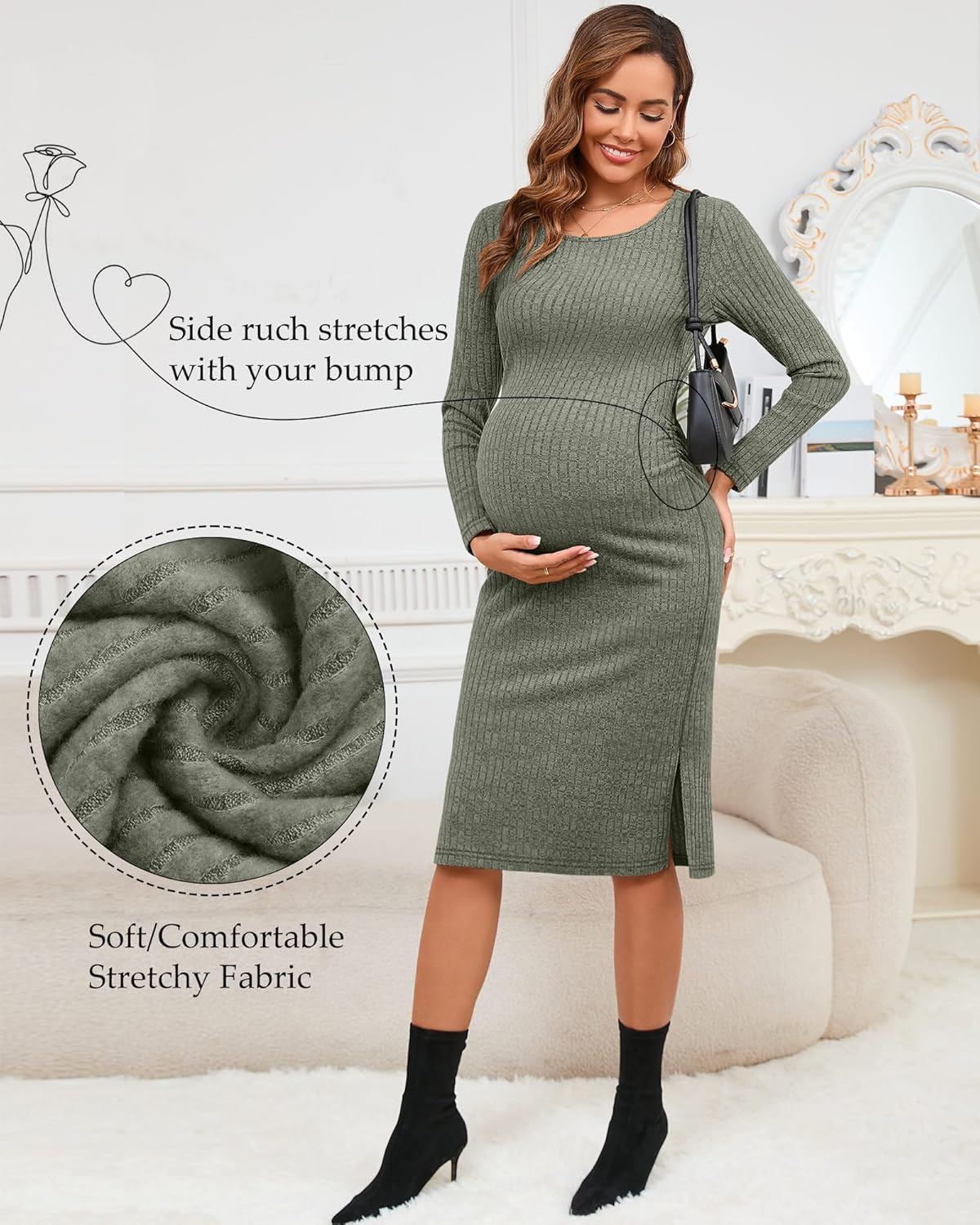 Ficerd Women's Ribbed Knit Maternity Dresses Long Sleeve Pregnancy Bodycon Dress 2025 Split Stretchy Clothes for Baby Shower - Image 4