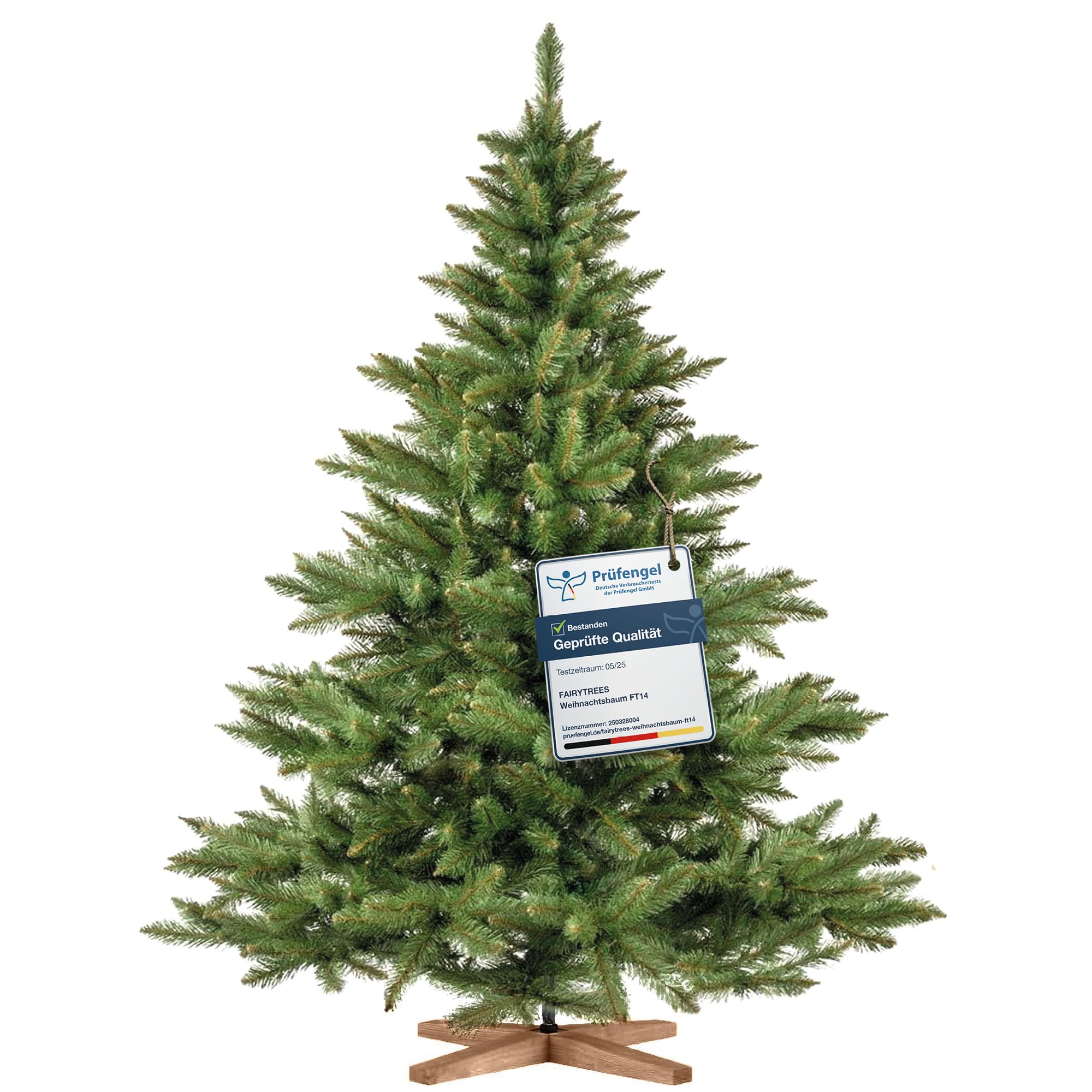 FairyTrees Artificial Christmas Tree – Nordmann Fir, 180 cm (6 ft), Realistic PVC Branches, Handcrafted Ash Wood Stand, Made in EU.