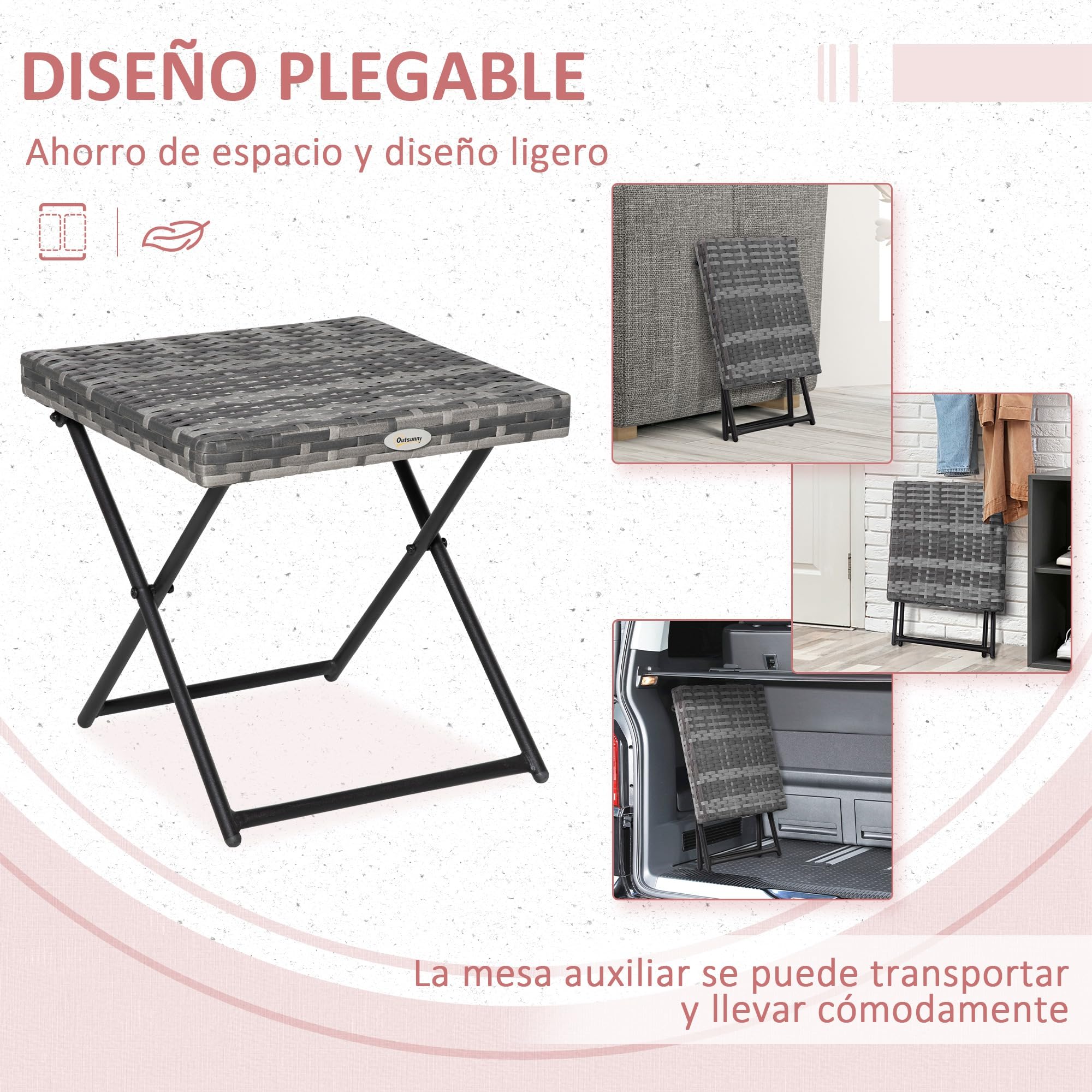 Outsunny Mesa de Jardín Exterior de Ratán Sintético 0,16 ㎡ Plegable Gris | Mesa Auxiliar Exterior, Patas Cruzadas, Marco de Acero, para Patio Balcón