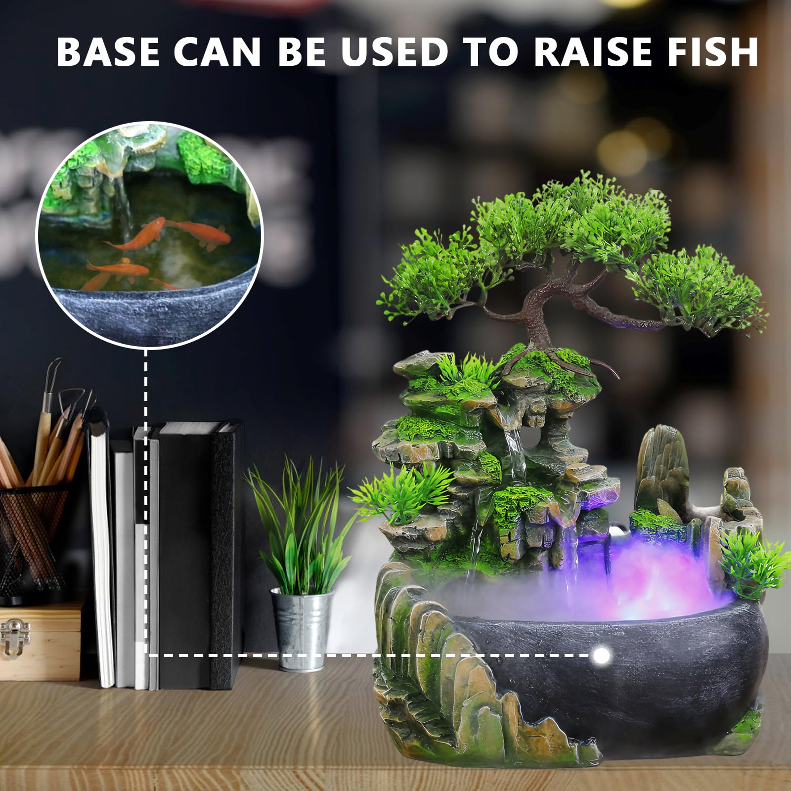 Tafelfontein, waterval, decoratieve fontein, led-waterval, bureaudecoratie, stille mini indoor desktop simulatie hars stenen waterfontein bonsai met verstuiver en zwembad voor vissen