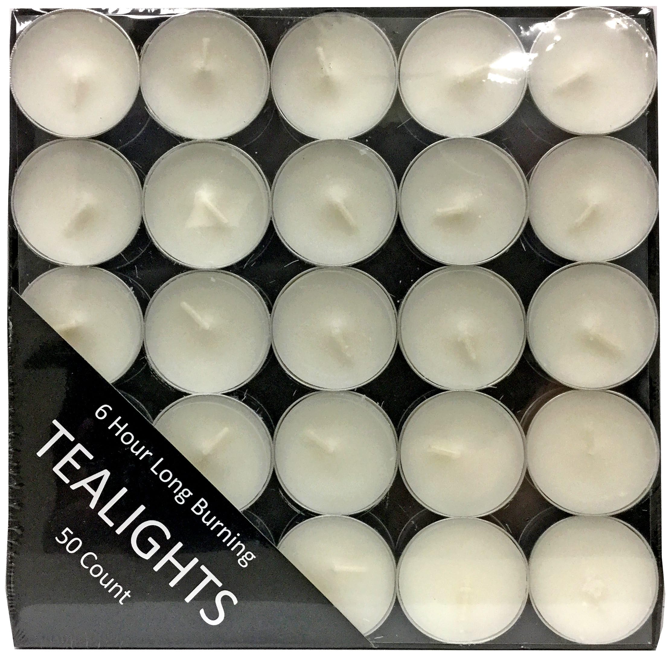 Hobby Lobby Unscented Tea Light Candles, 50 Count, 6-Hour Burn Time, 1.5 x 0.75 inches, Silver Metal Cups