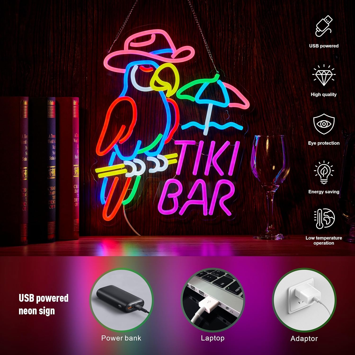 Tiki Bar Parrot Neon Sign for Wall Decor Hawaii Beach Bar LED Light up Signs with Dimmer for Pub Party Man Cave Room Art Decor Gift - Image 3