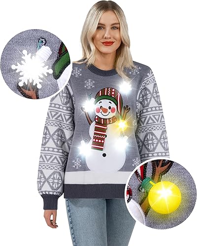 JOYIN Suéter feo de muñeco de nieve para mujer, suéter largo de Navidad con luz LED