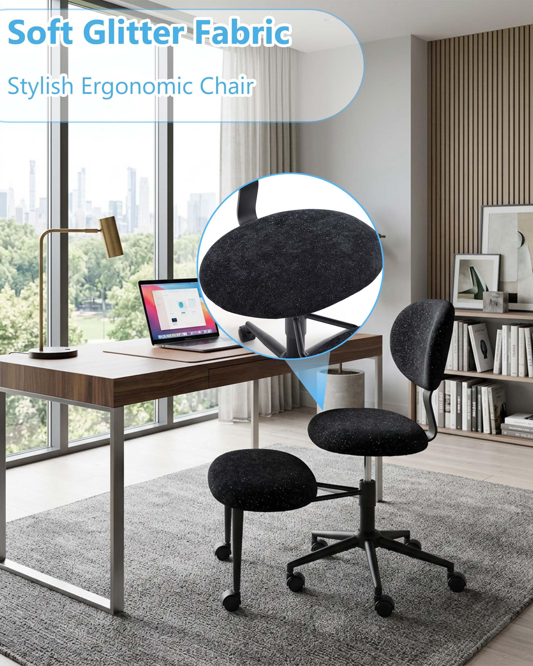 hitsuki Krzesło biurowe bez podłokietników, ergonomiczne krzesło biurkowe z podnóżkiem, obrotowe 360°, krzesło z regulacją wysokości z kółkami do biura i domu, czarny brokat