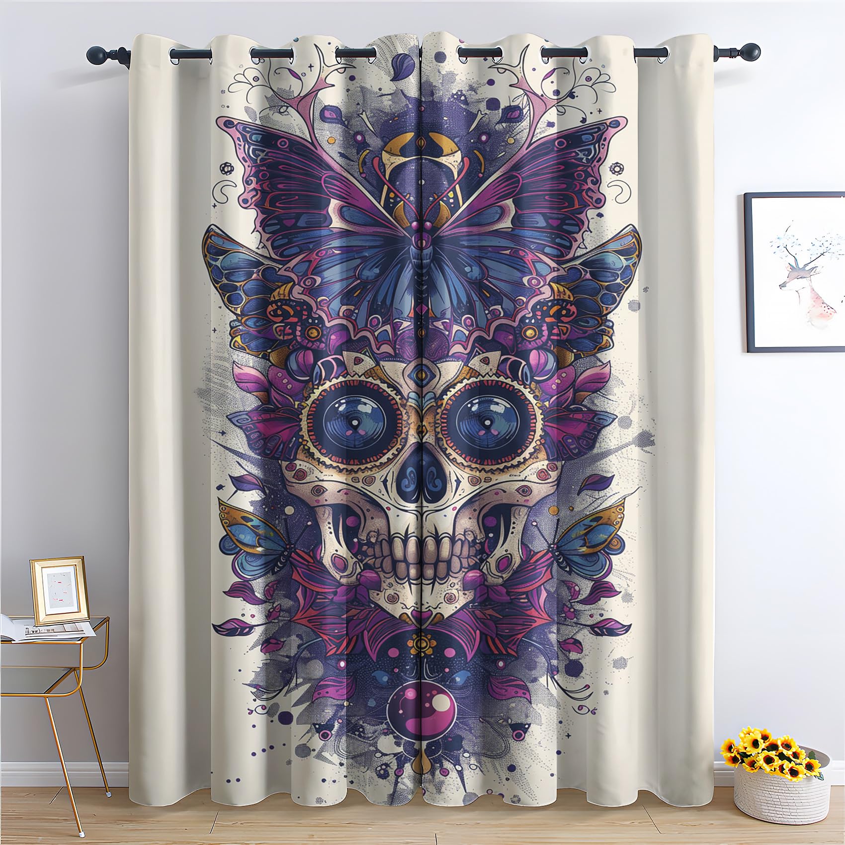 Skull Curtains for Bedroom Living Room - Purple Butterfly Skeleton Blackout Curtains 90x90 Inch (Width x Drop), Thermal Insulated Eyelet Curtains & Drapes, Patterned Window Treatments C-#151