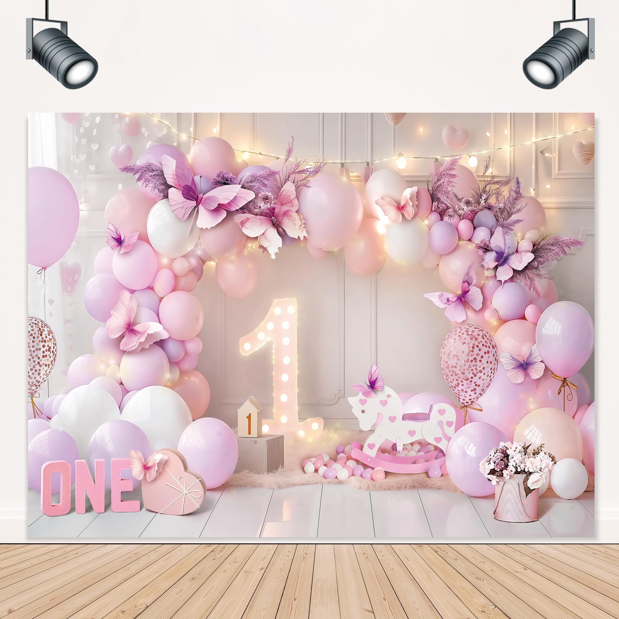 LIGHTINHOME Girl 1st Birthday Backdrop 8Wx6H Feet for Purple Pink Princess Balloons Lights Butterfly First Bday Photography Background Decorations