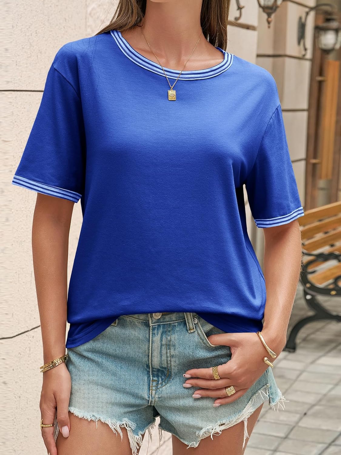 Cicy Bell Womens Summer Crew Neck T Shirts Casual Short Sleeve Loose Fit Tunic Tops Color Block Basic Tee Top - Image 6